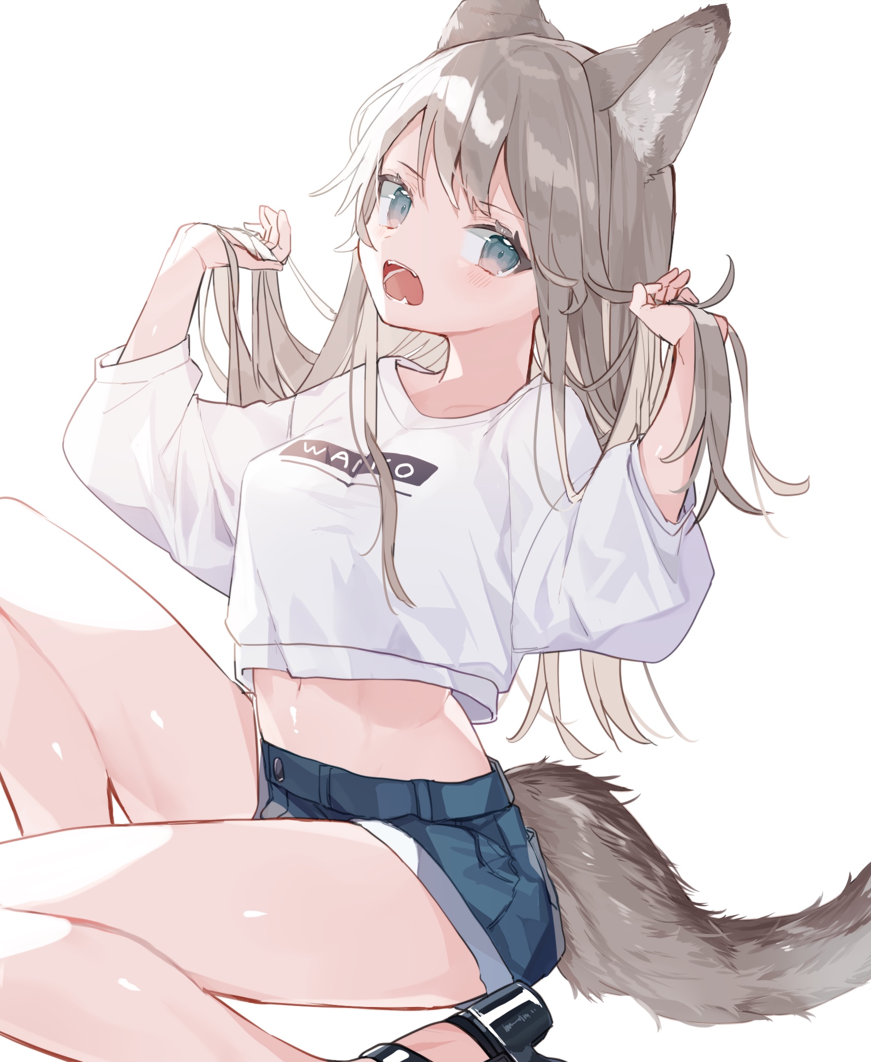 Anime girl with fox ears and tail wearing shorts HD Phone Wallpaper