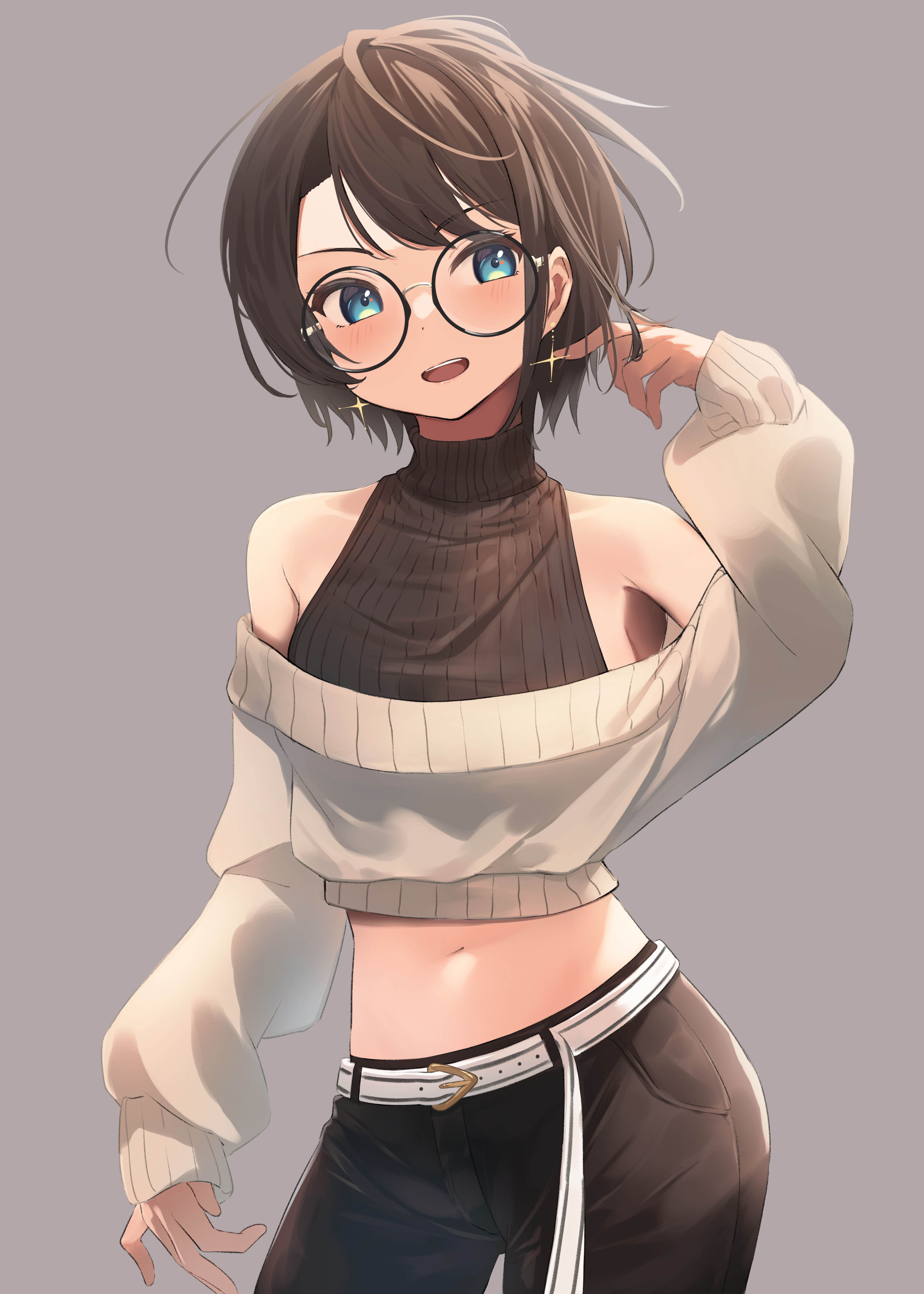 Anime girl with glasses and open sweater HD Phone Wallpaper