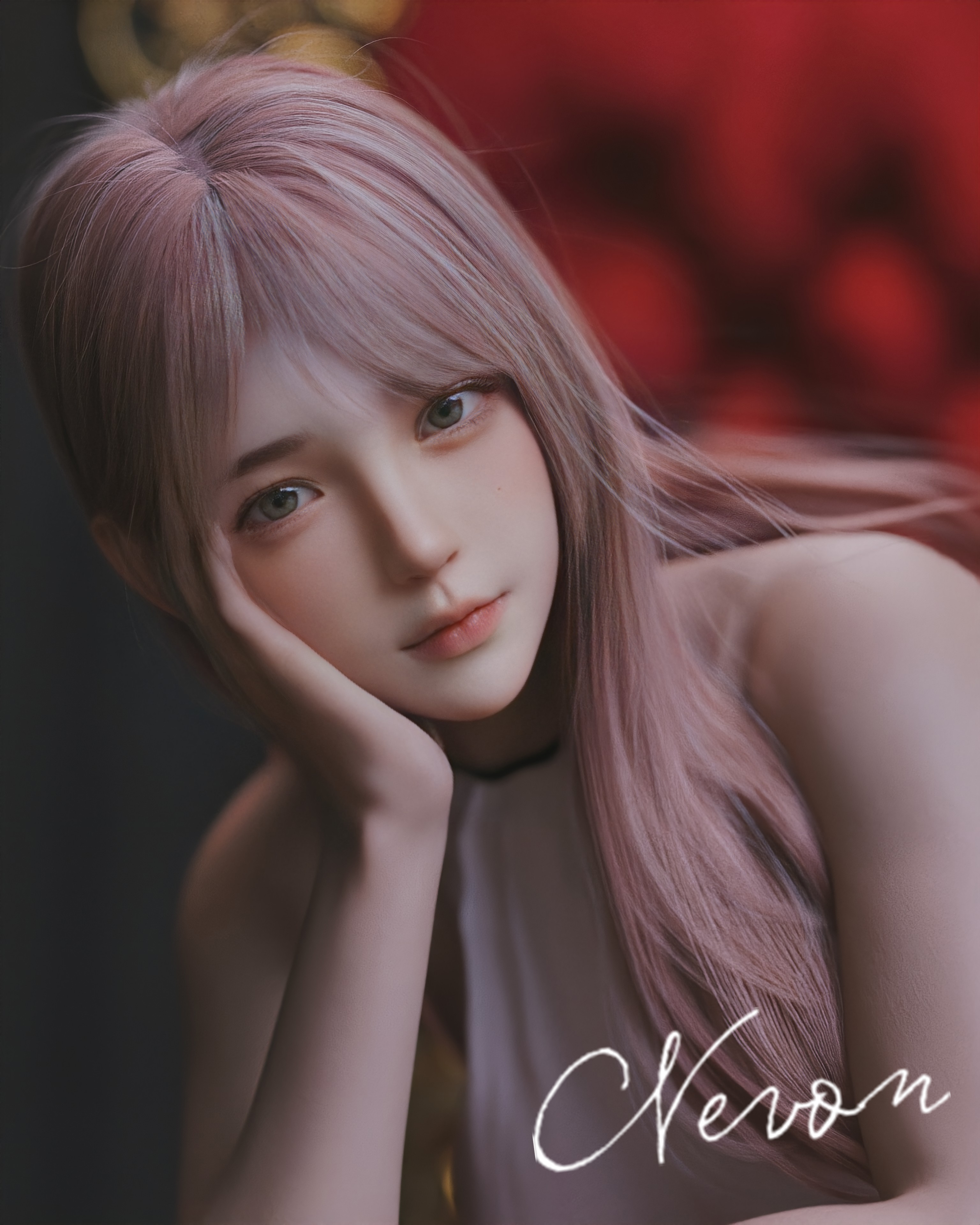 Fantasy girl with pink hair resting her head on her hand HD Phone Wallpaper