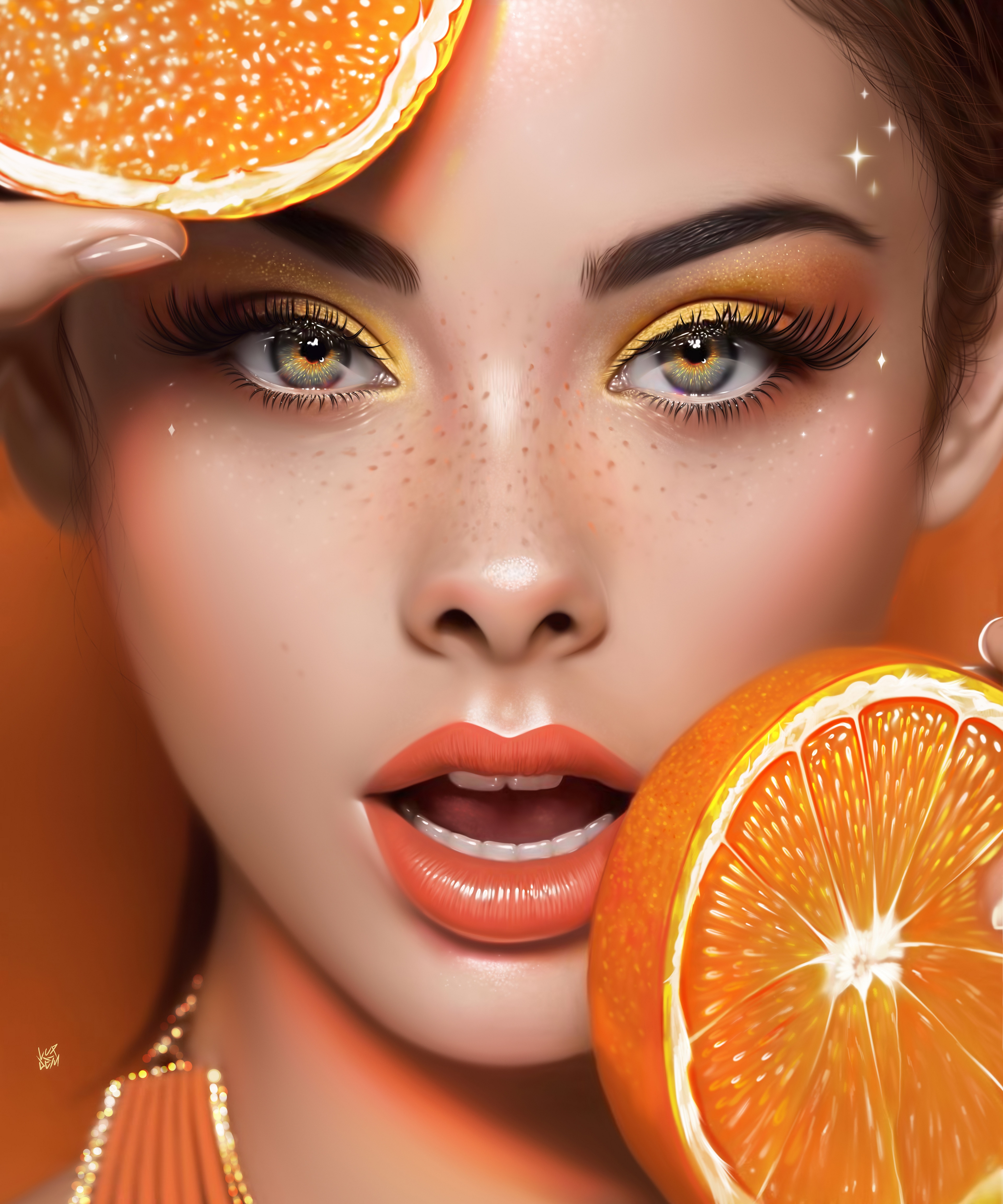 4K illustration of a woman with oranges HD Phone Wallpaper