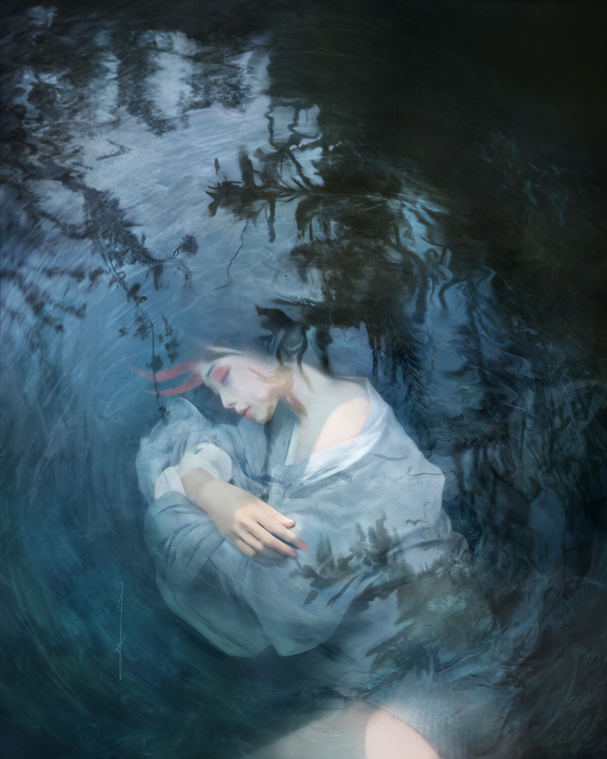 Fantasy girl with horns in water HD Phone Wallpaper