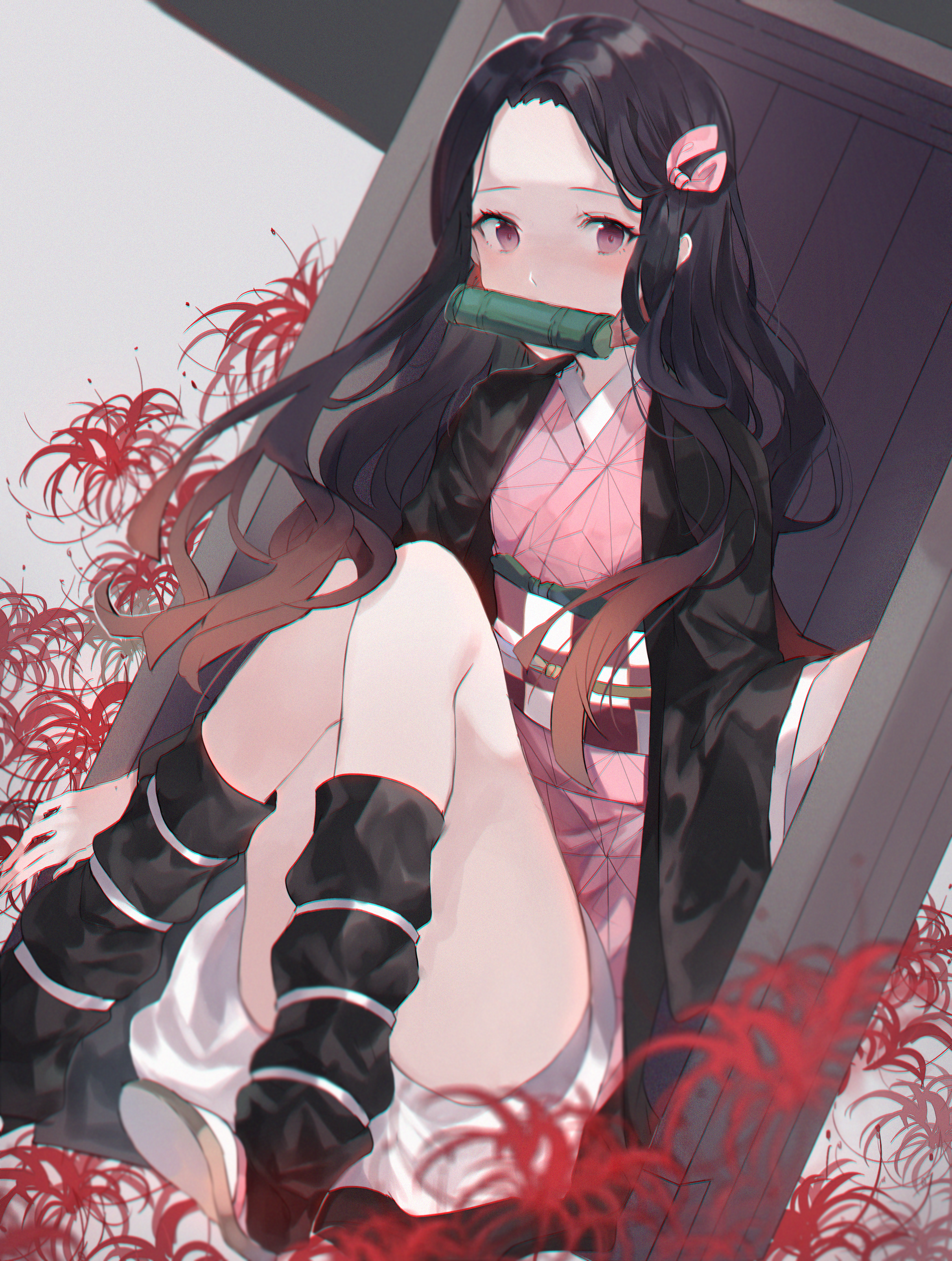 Kamado Nezuko from Kimetsu no Yaiba with red spider lilies HD Phone Wallpaper