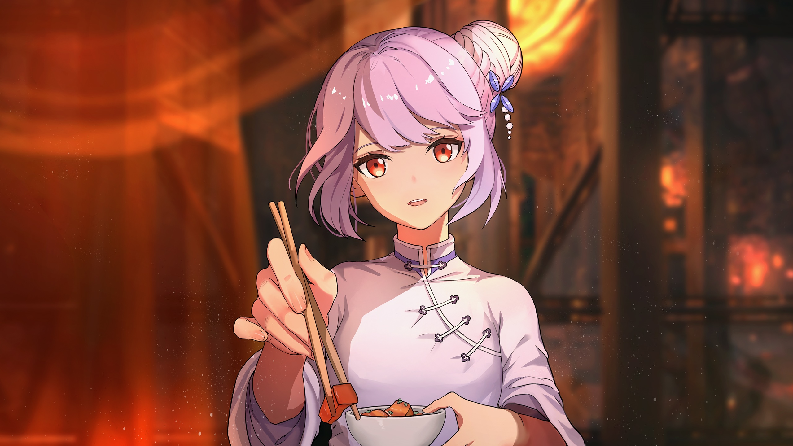 Girl with pink hair eating food with chopsticks HD Wallpaper