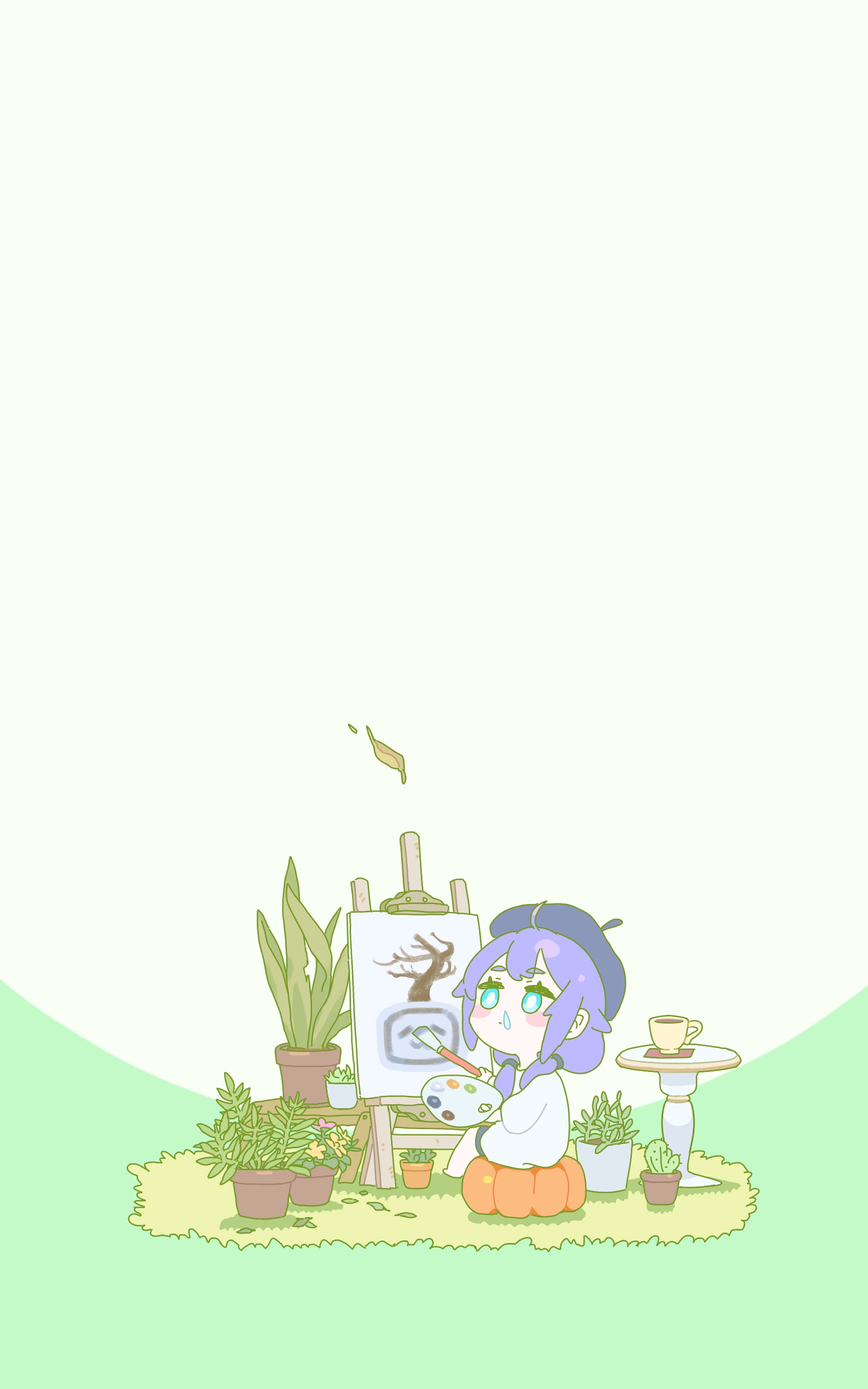 Chibi girl painting a tree on a pumpkin HD Phone Wallpaper