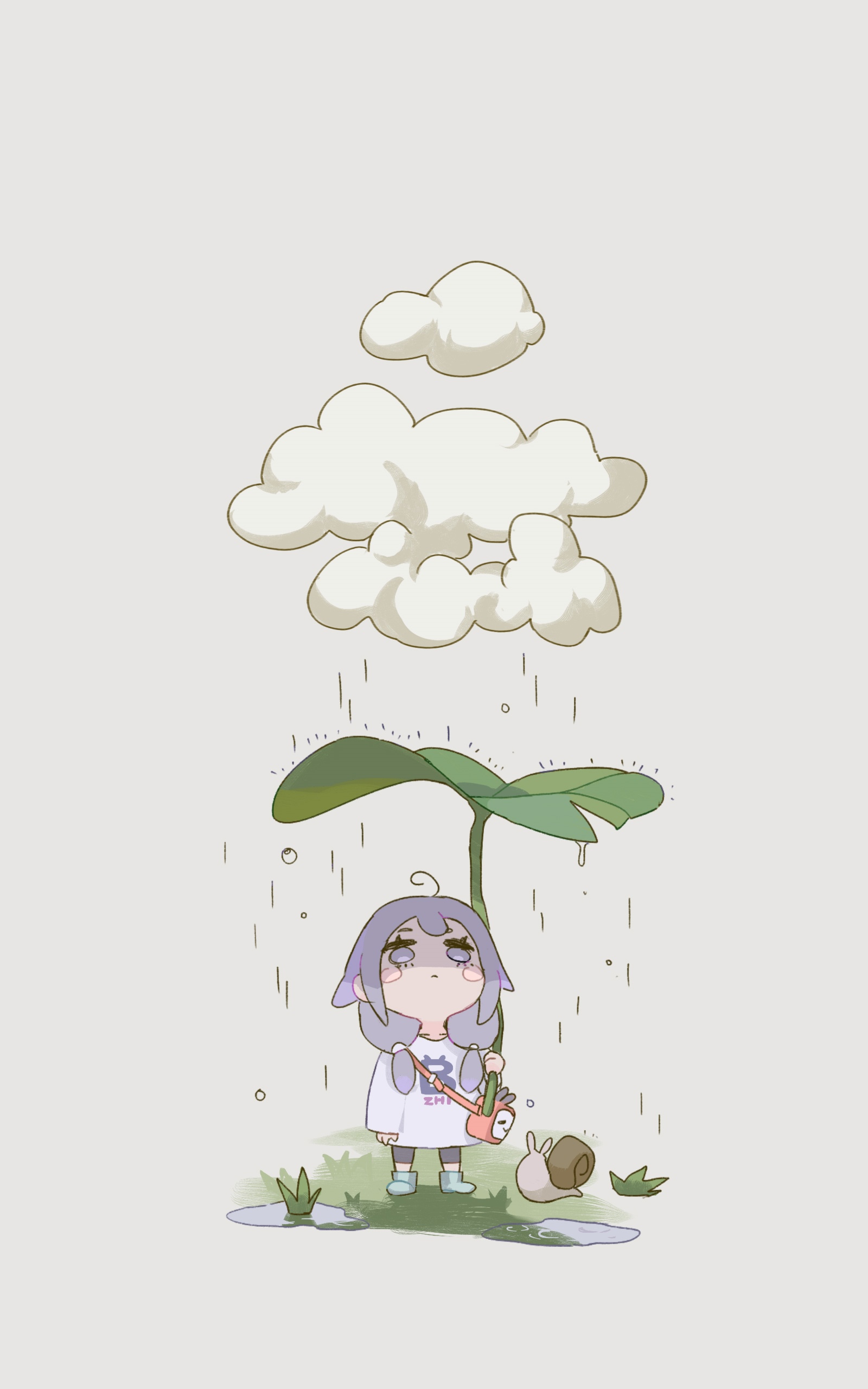 Chibi girl holding a leaf umbrella in the rain HD Phone Wallpaper