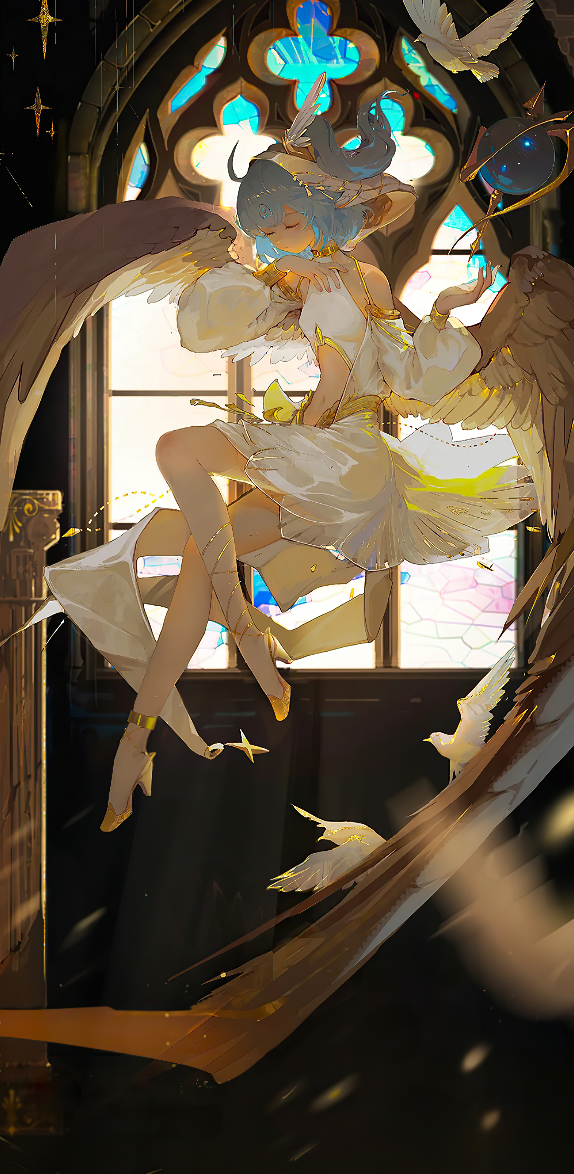 Anime girl with wings and birds in a church HD Phone Wallpaper
