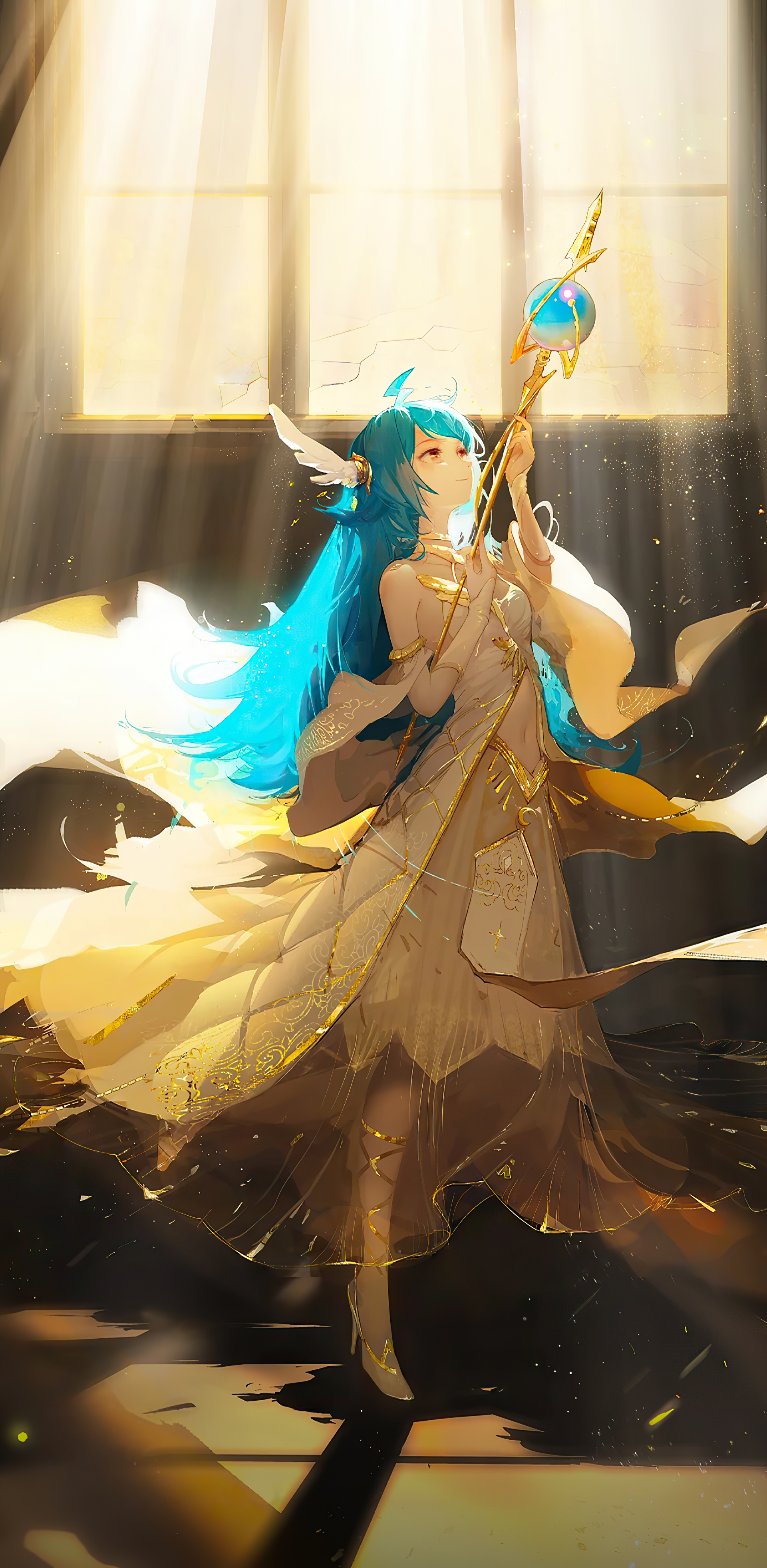 Anime girl with blue hair holding a staff HD Phone Wallpaper
