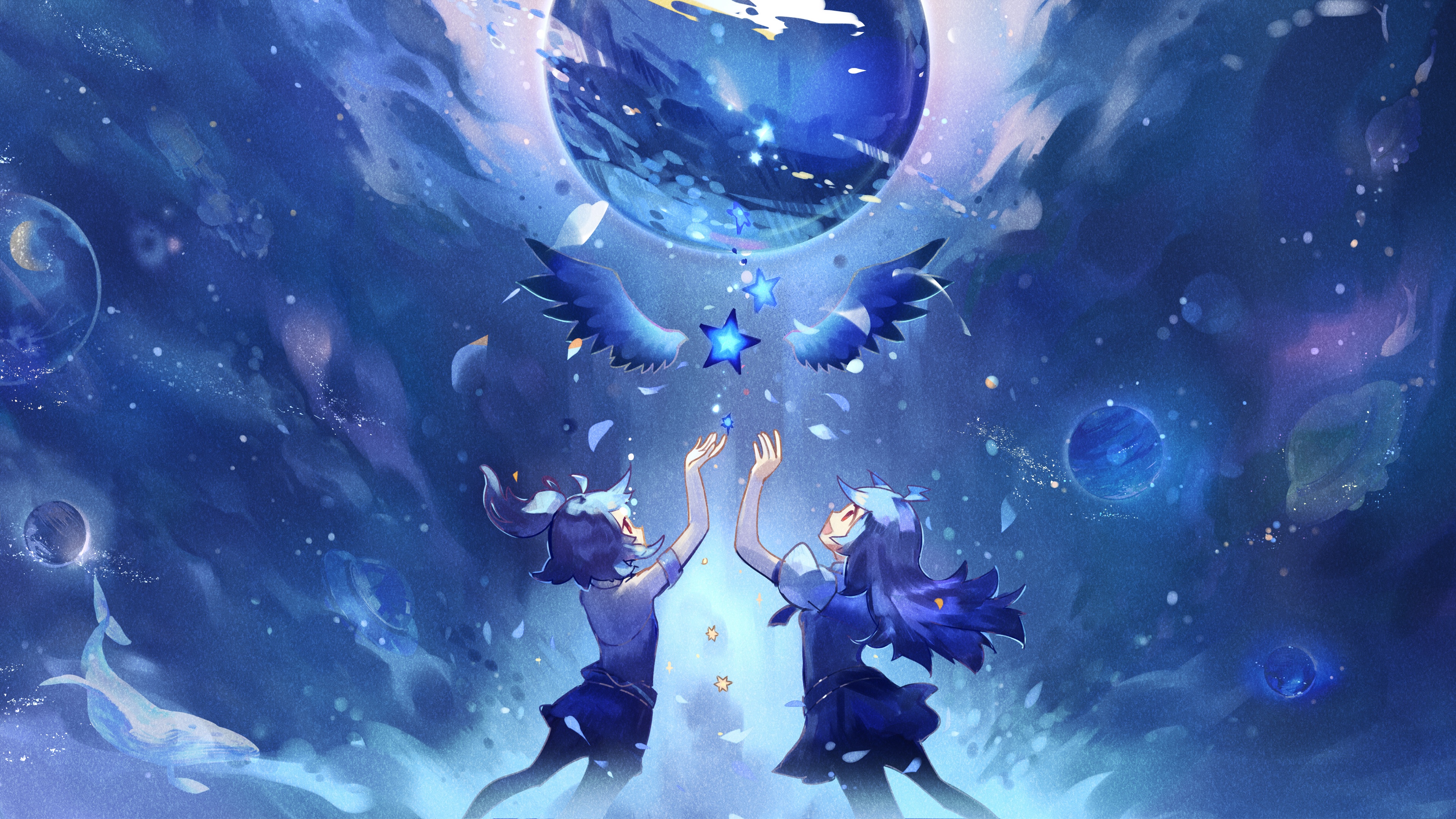 Two girls reaching for stars in a blue galaxy HD Wallpaper