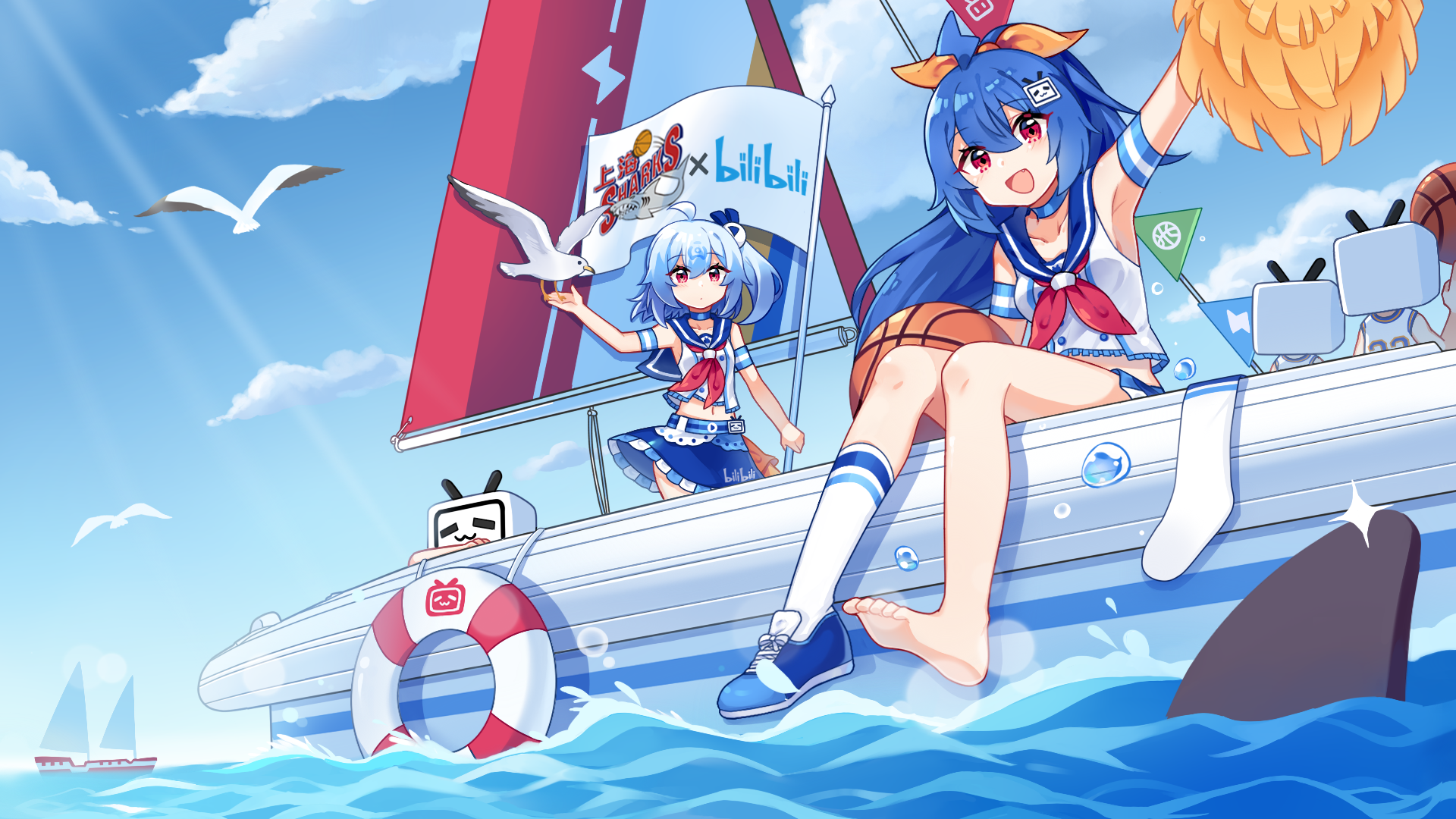 Two girls on a boat with Bilibili branding HD Wallpaper
