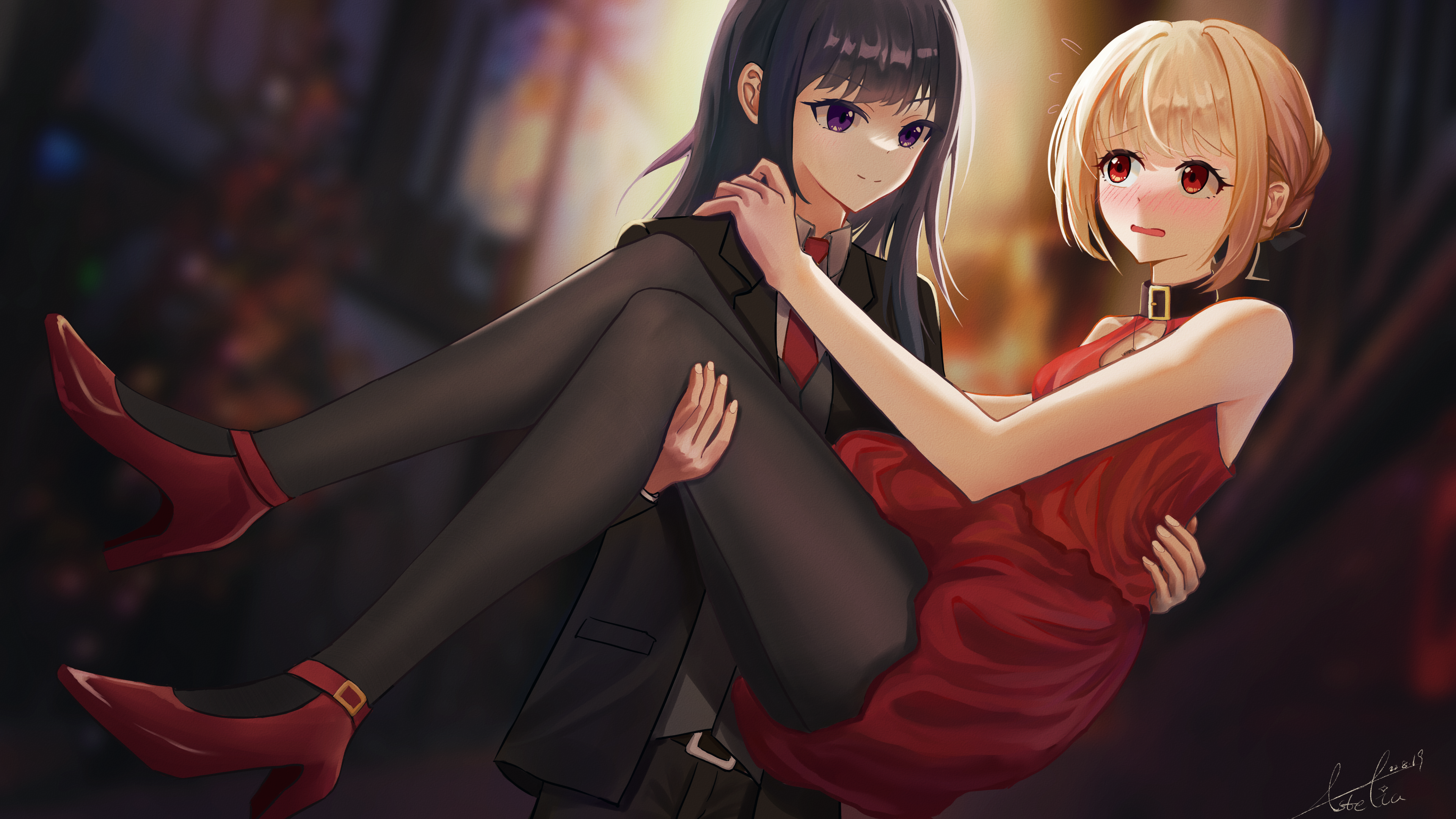 4K fan art of Inoue Takina carrying Nishikigi Chisato HD Wallpaper