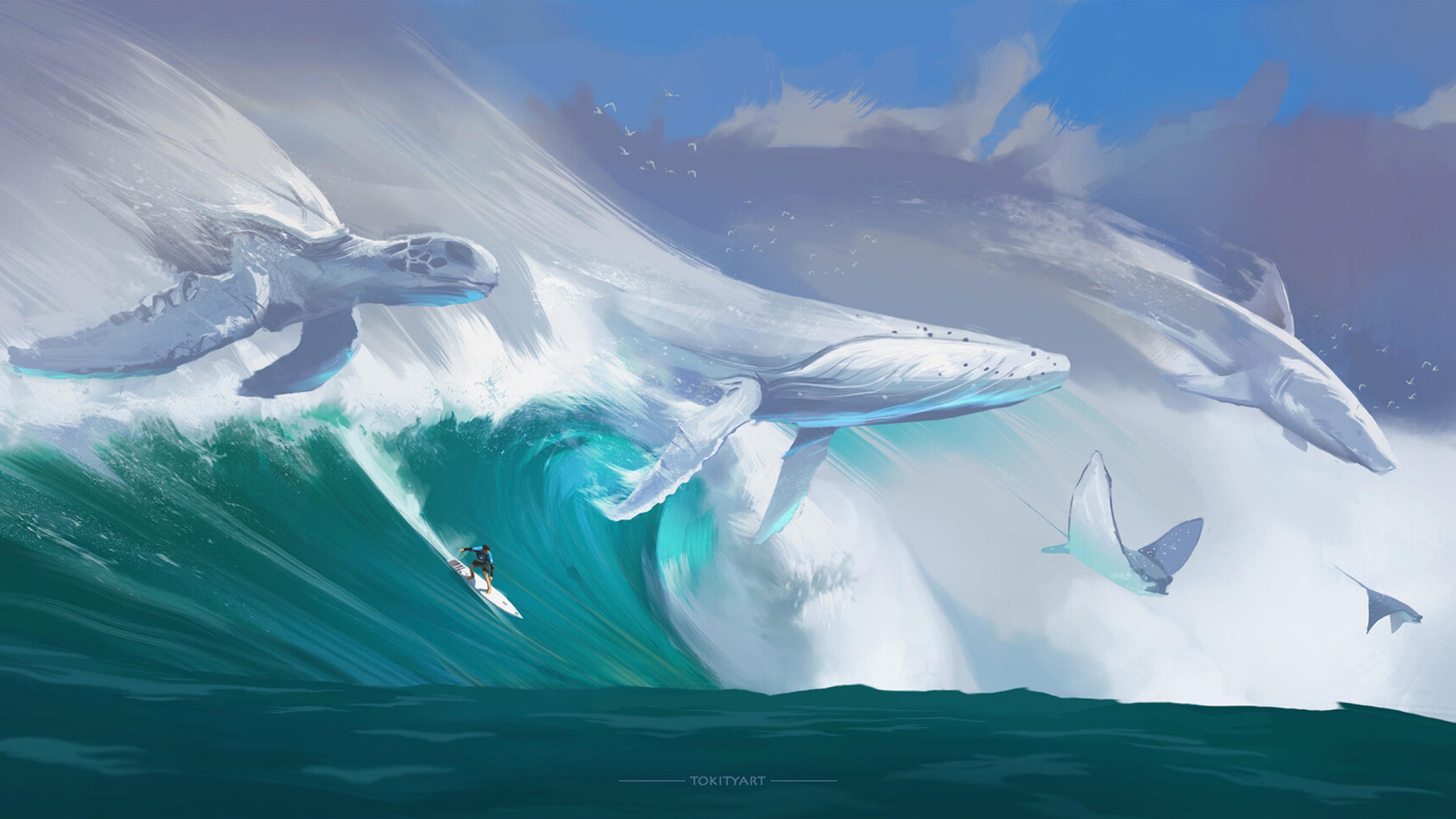 Whales, turtle, and surfer ride a giant wave HD Wallpaper