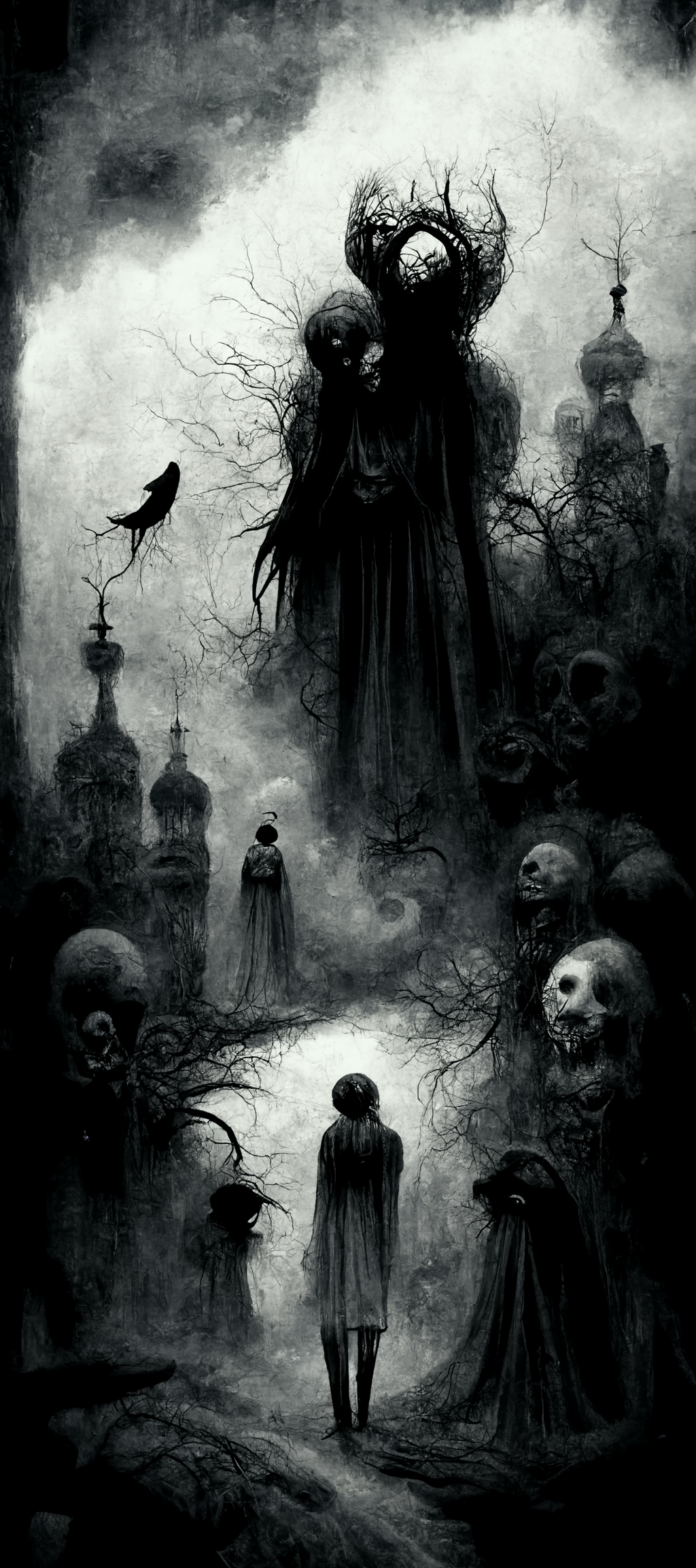 Dark Fantasy Art with Skulls and Figures HD Phone Wallpaper