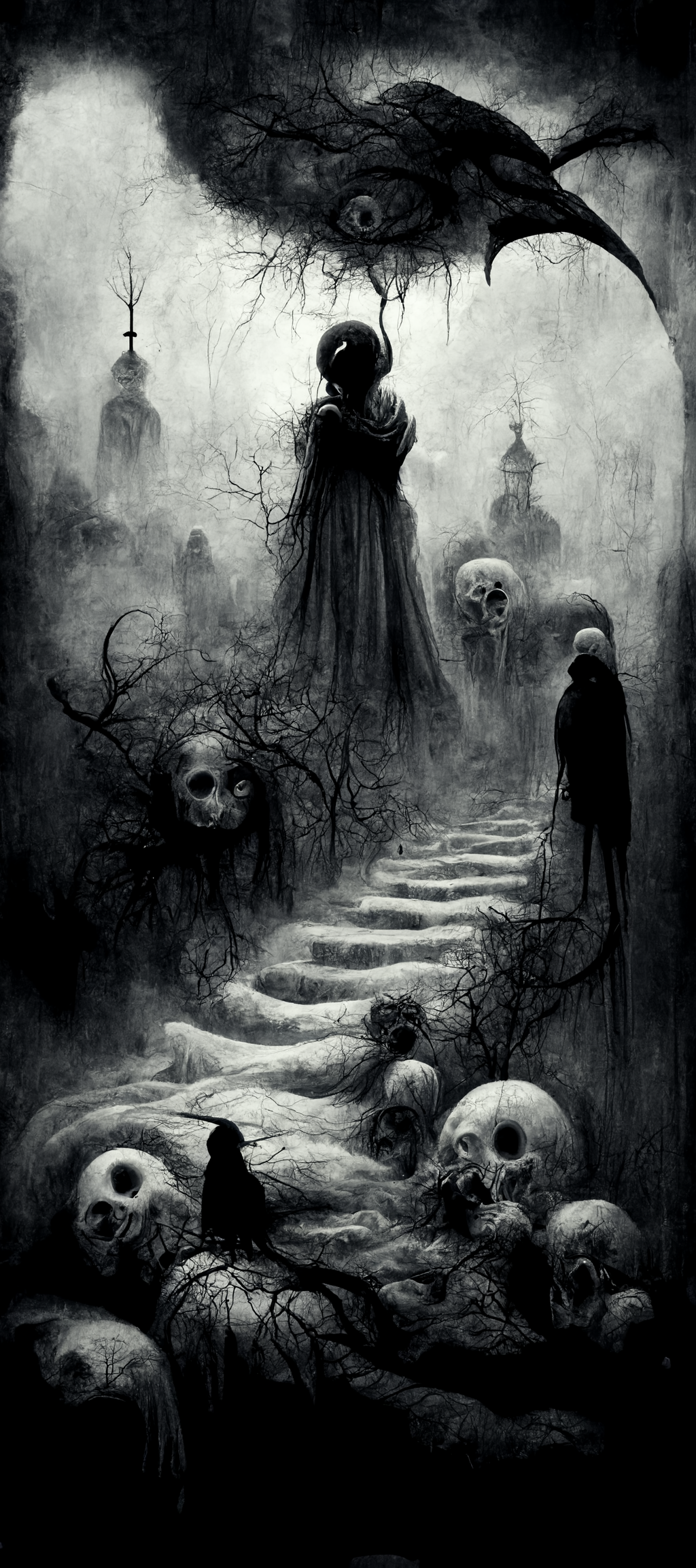 Dark Fantasy Art with Skulls and Figures HD Phone Wallpaper