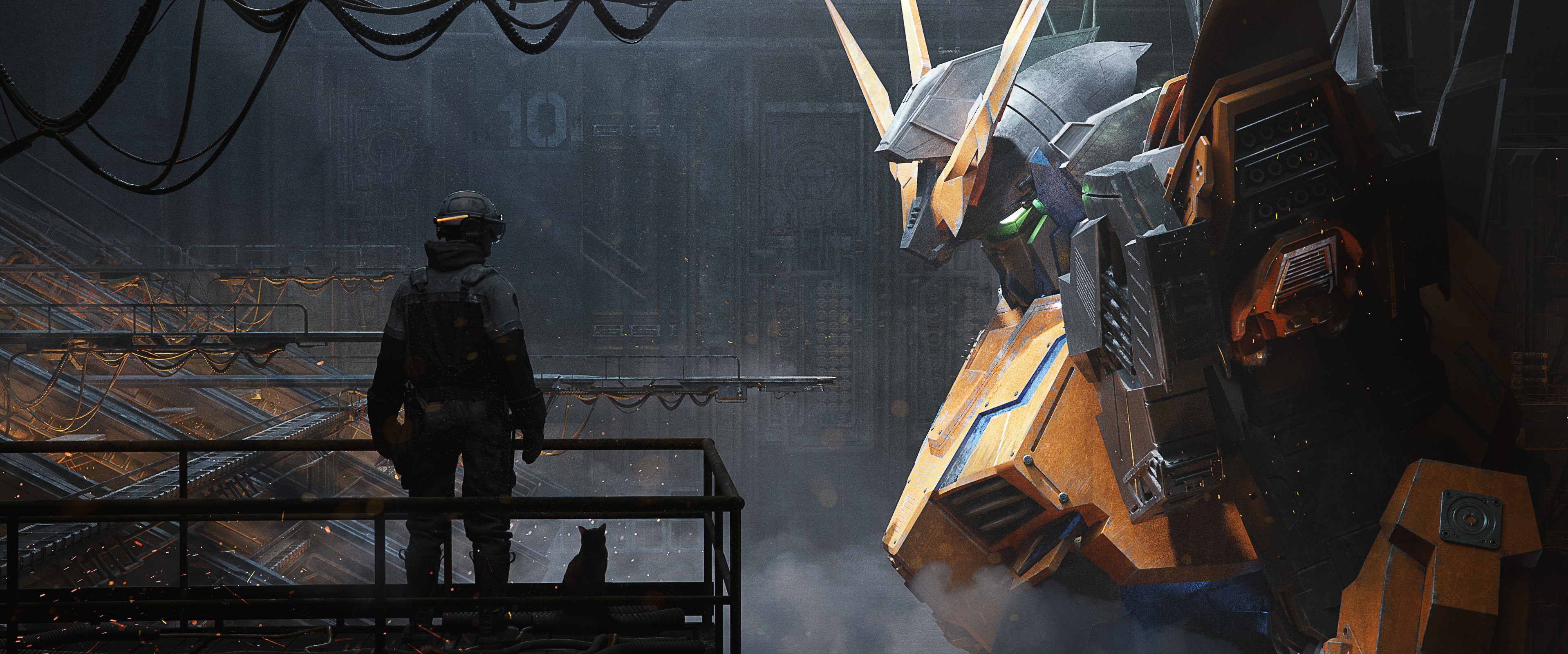 Pilot and Gundam in a Sci-Fi Hangar HD Wallpaper