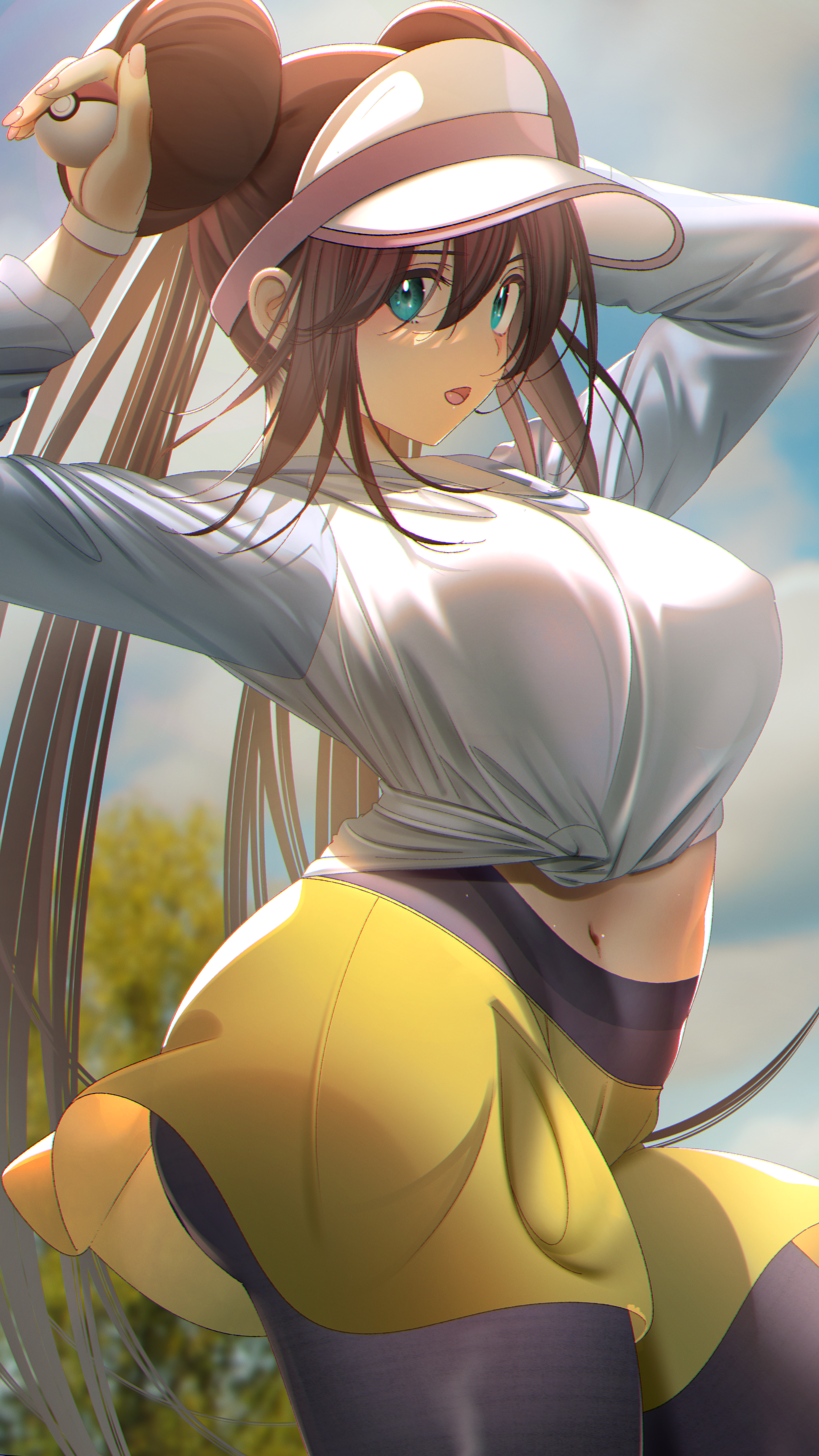 Rosa from Pokémon holding a Poke Ball with twintails HD Phone Wallpaper
