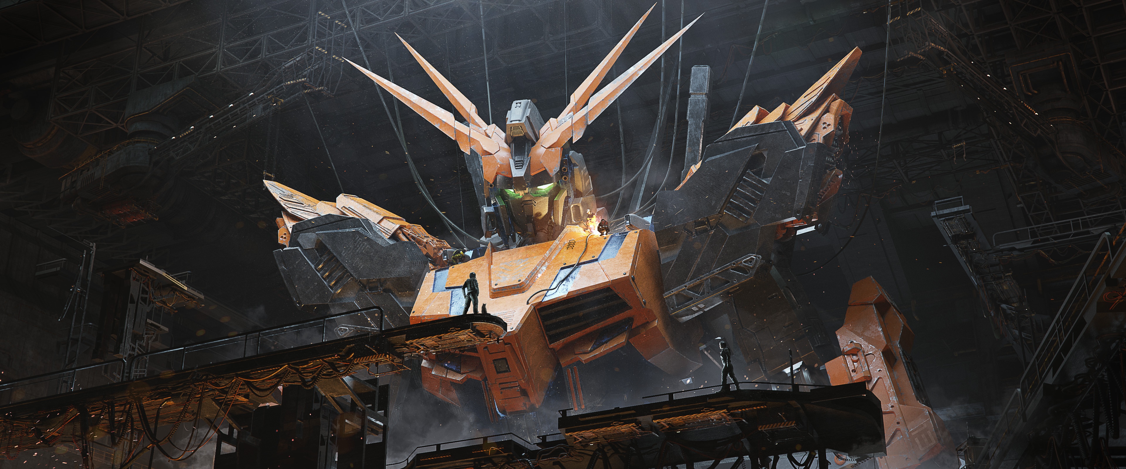 4K Gundam Mech in a Hangar HD Wallpaper
