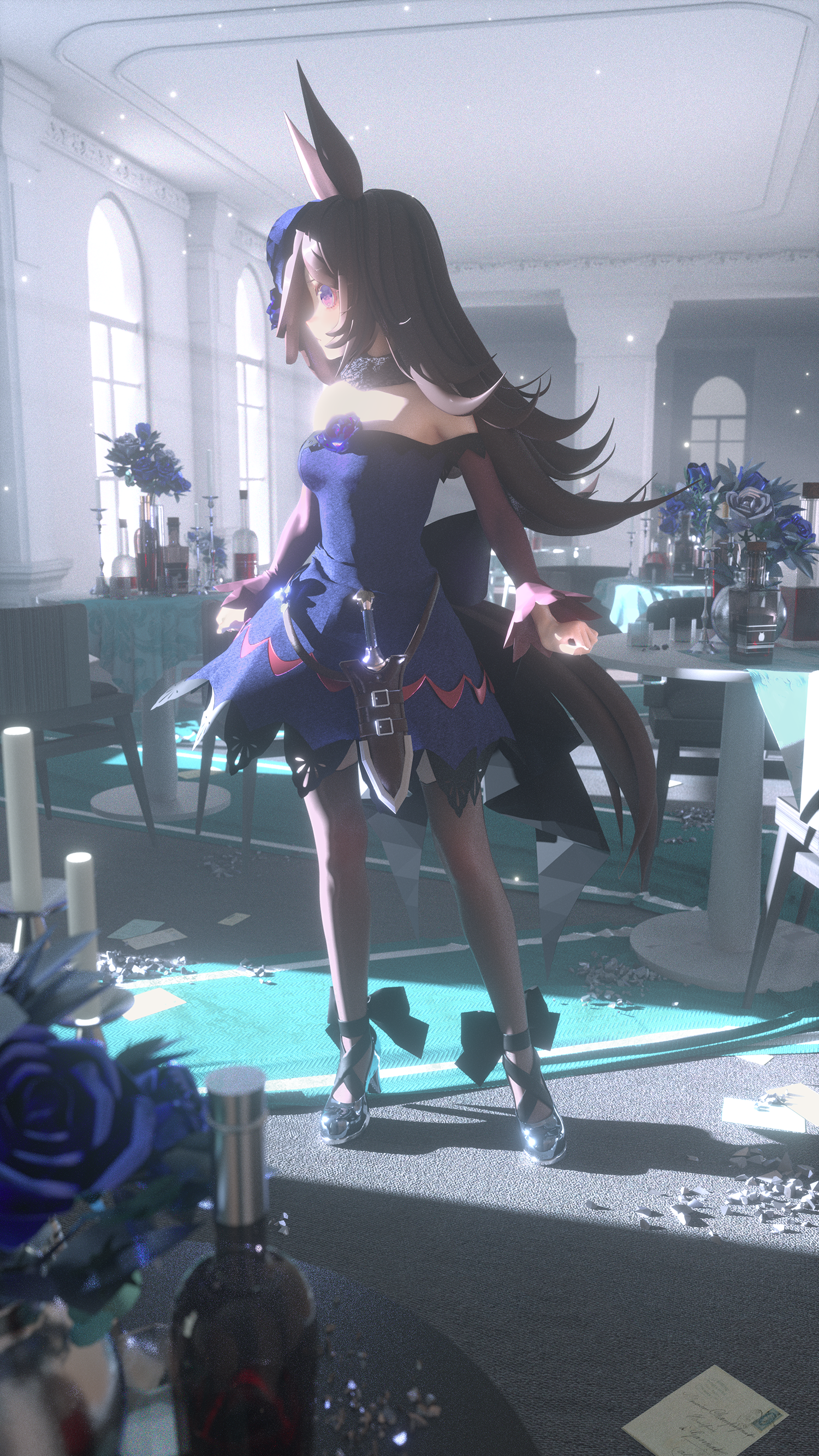 Rice Shower in a blue dress, Uma Musume Pretty Derby HD Phone Wallpaper