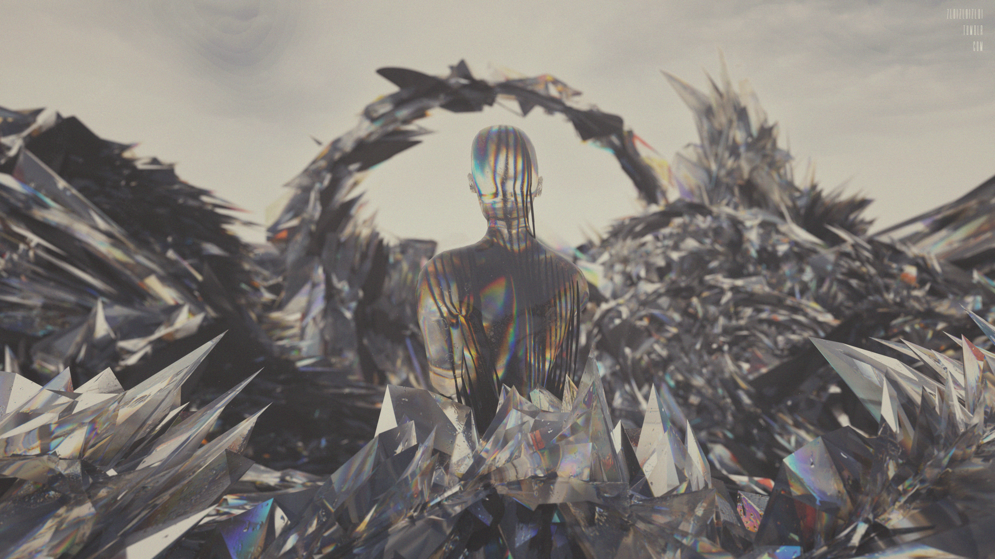3D Abstract Glass Sculpture with Humanoid Figure HD Wallpaper
