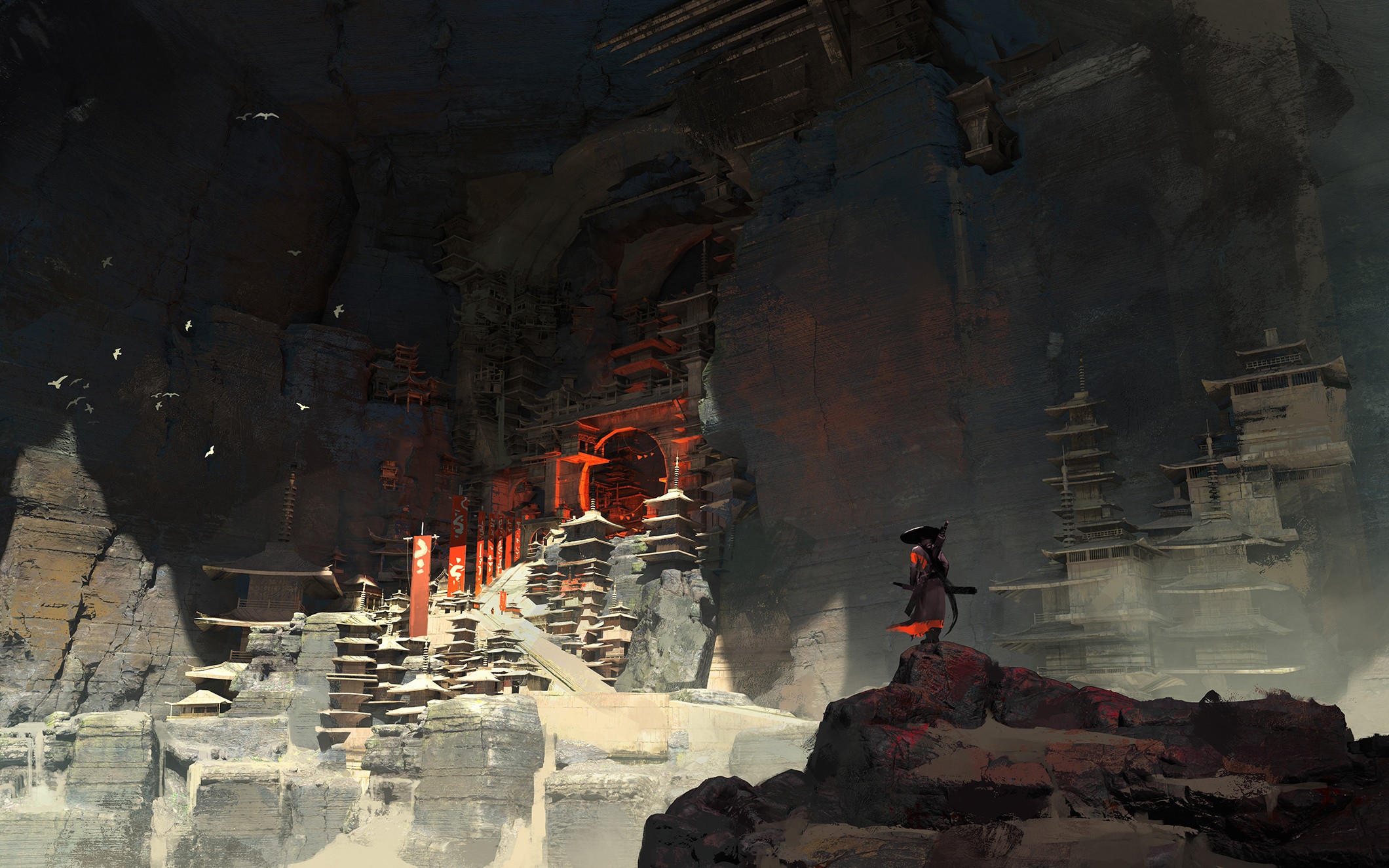 Fantasy concept art of a mountain town with a warrior HD Wallpaper
