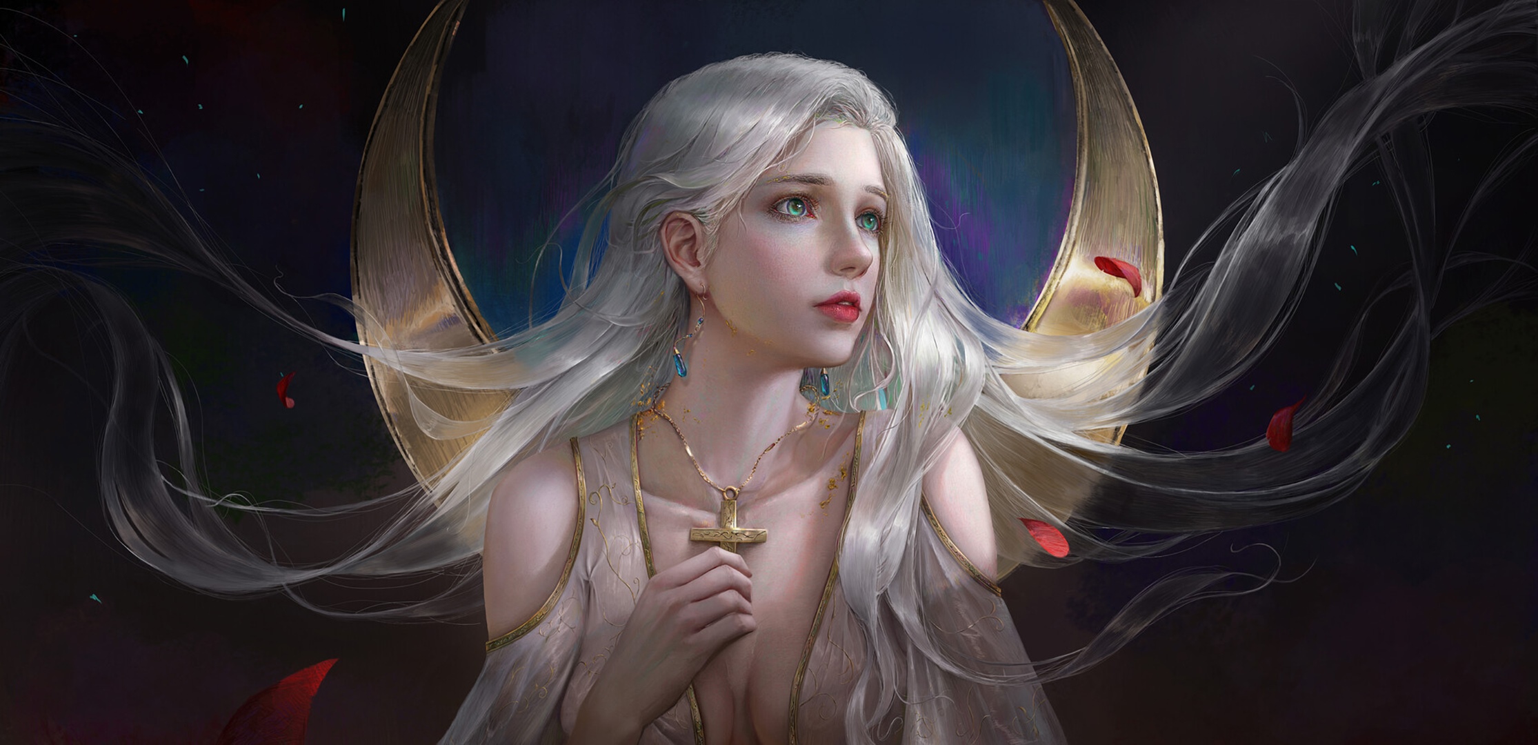 Fantasy art of a woman with silver hair and green eyes HD Wallpaper