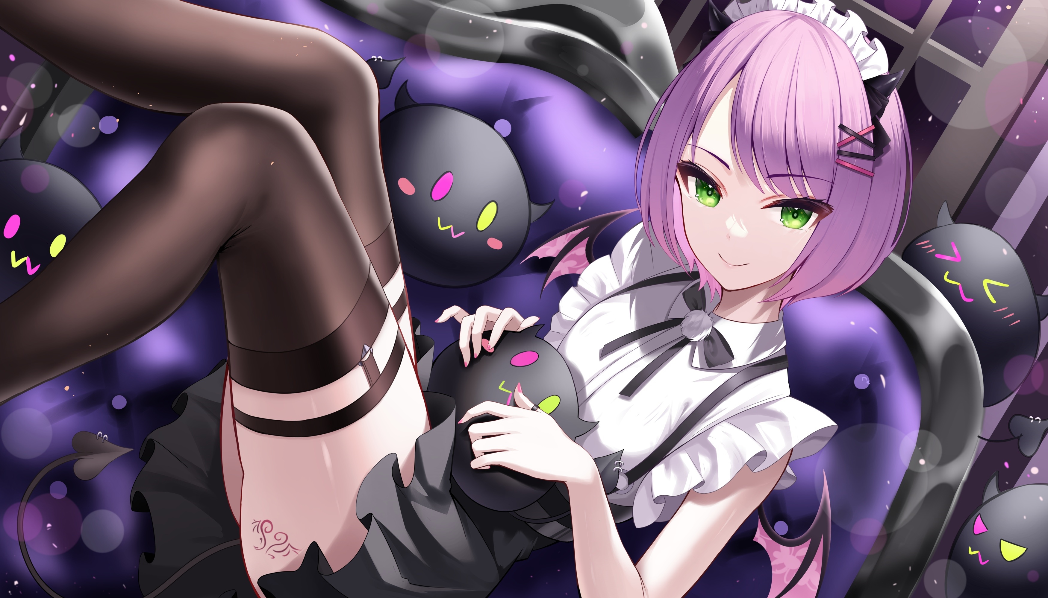 Tokoyami Towa in Maid Outfit with Bat Wings and Succubi HD Wallpaper