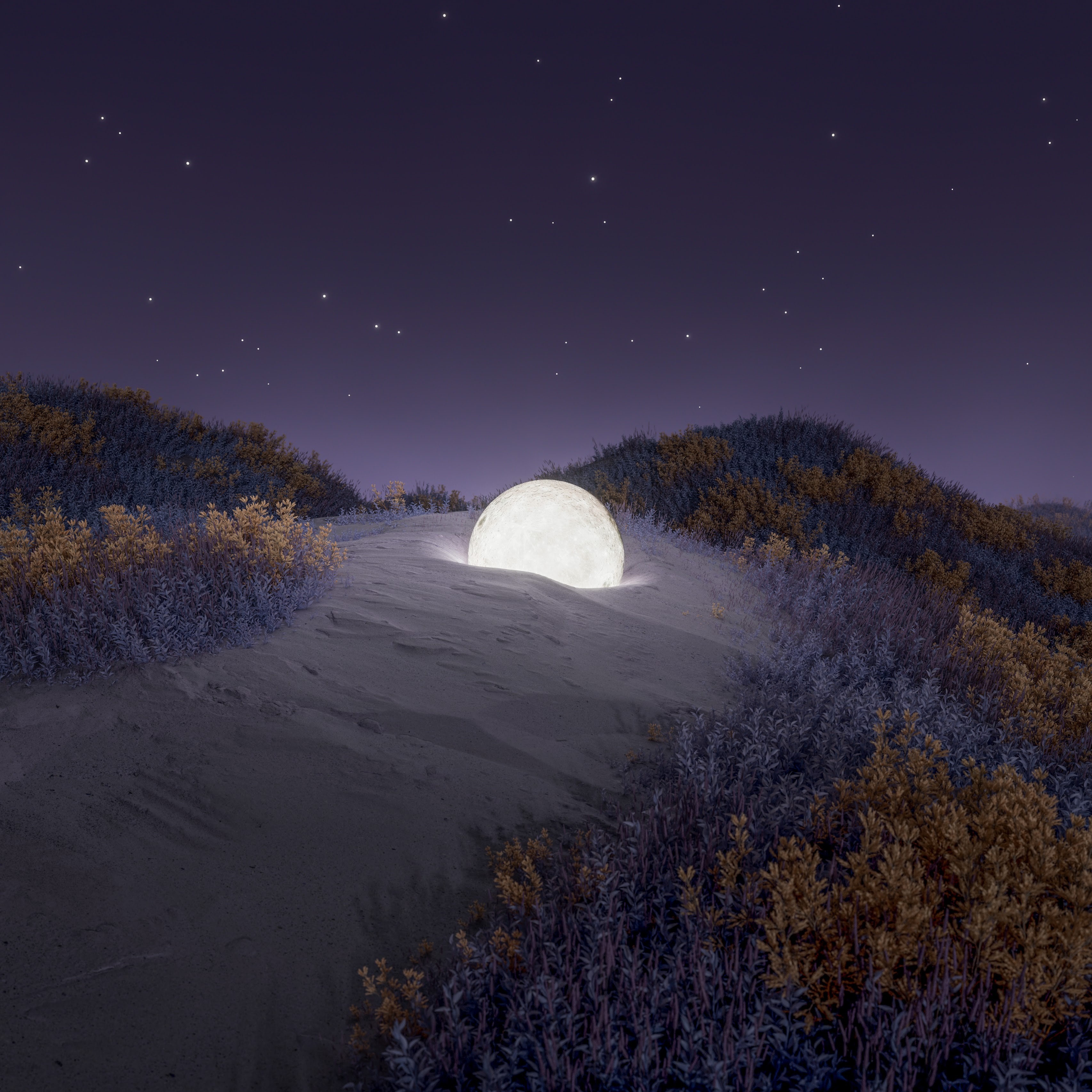 A glowing moon rests on a sandy dune under a starry night sky. HD Wallpaper