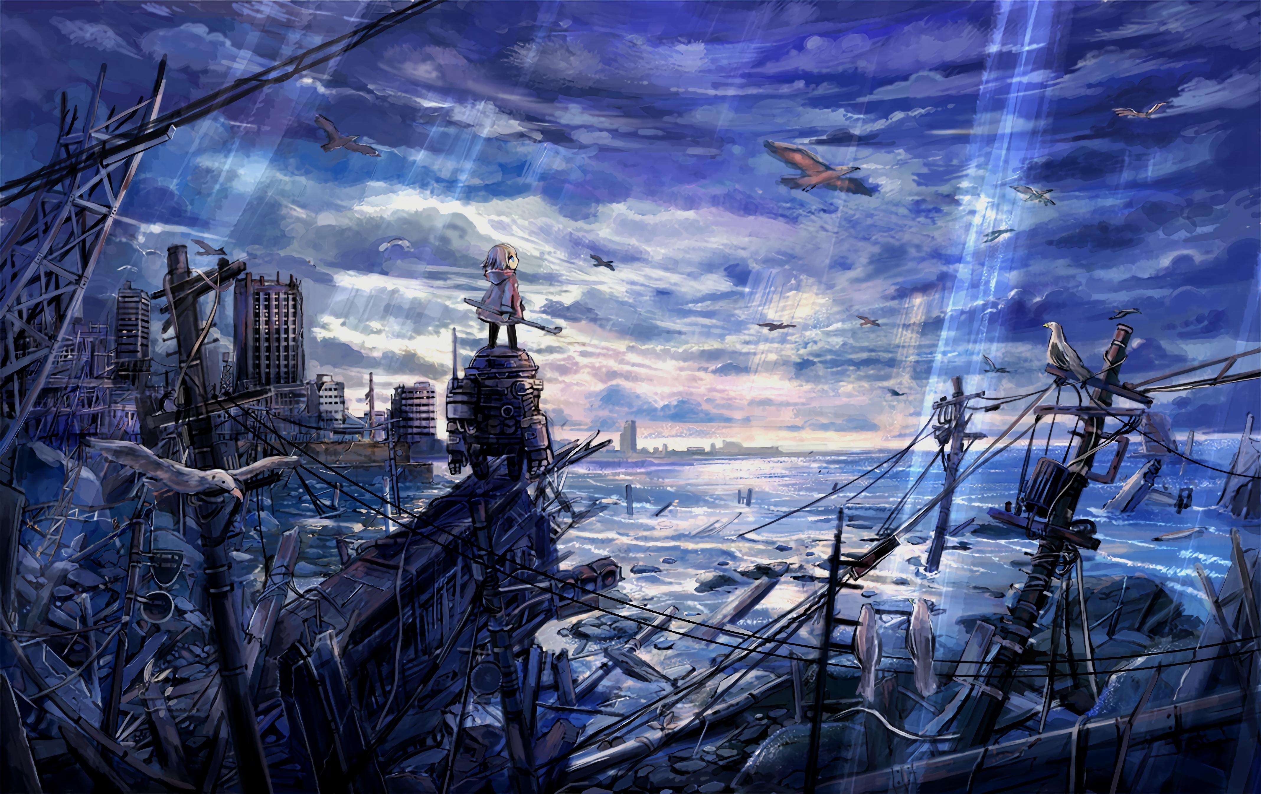 4K Ruins by the Sea with Birds and Clouds HD Wallpaper