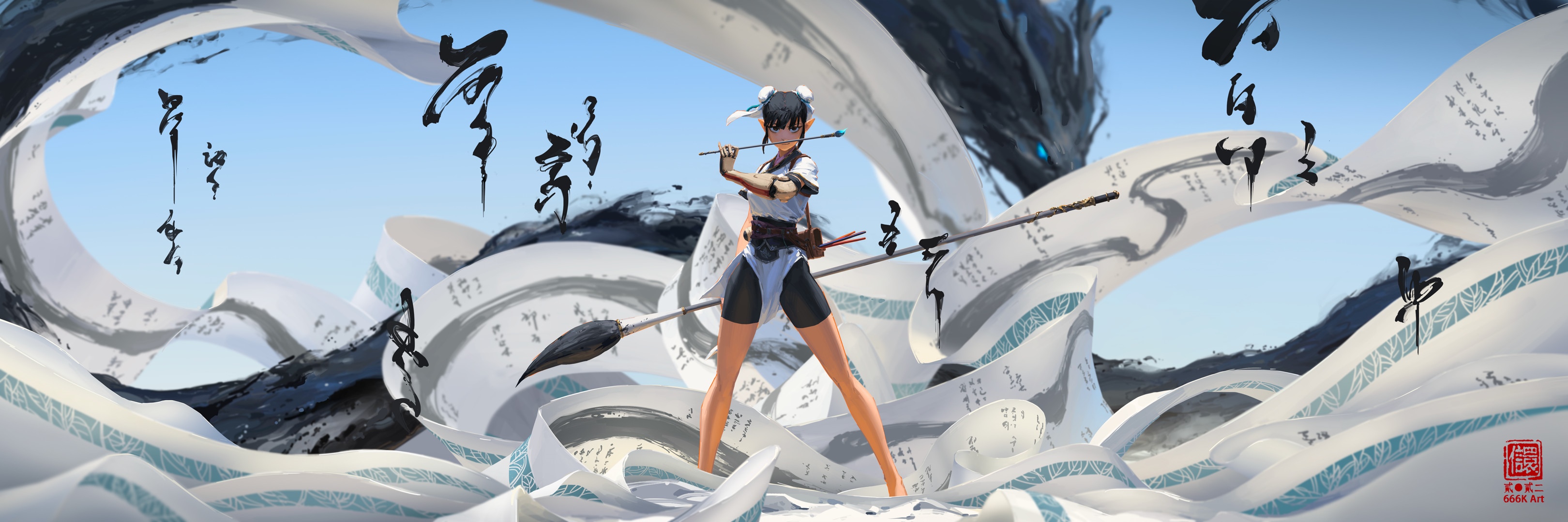 Fantasy girl with pointy ears and calligraphy scrolls HD Wallpaper