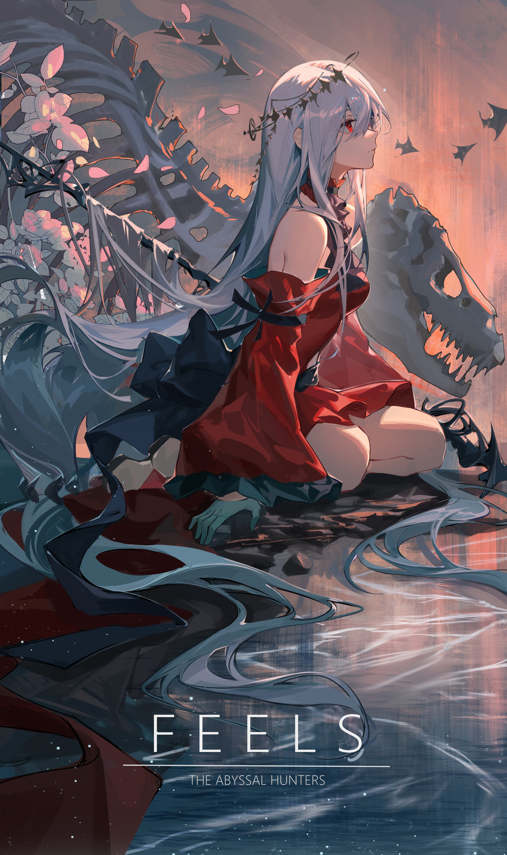 Skadi in red dress with bones and flowers HD Phone Wallpaper