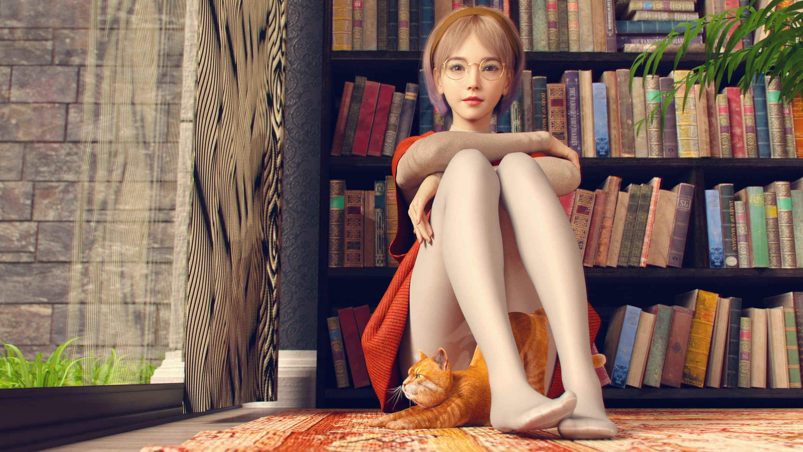 Asian woman in pantyhose with cat and books HD Wallpaper