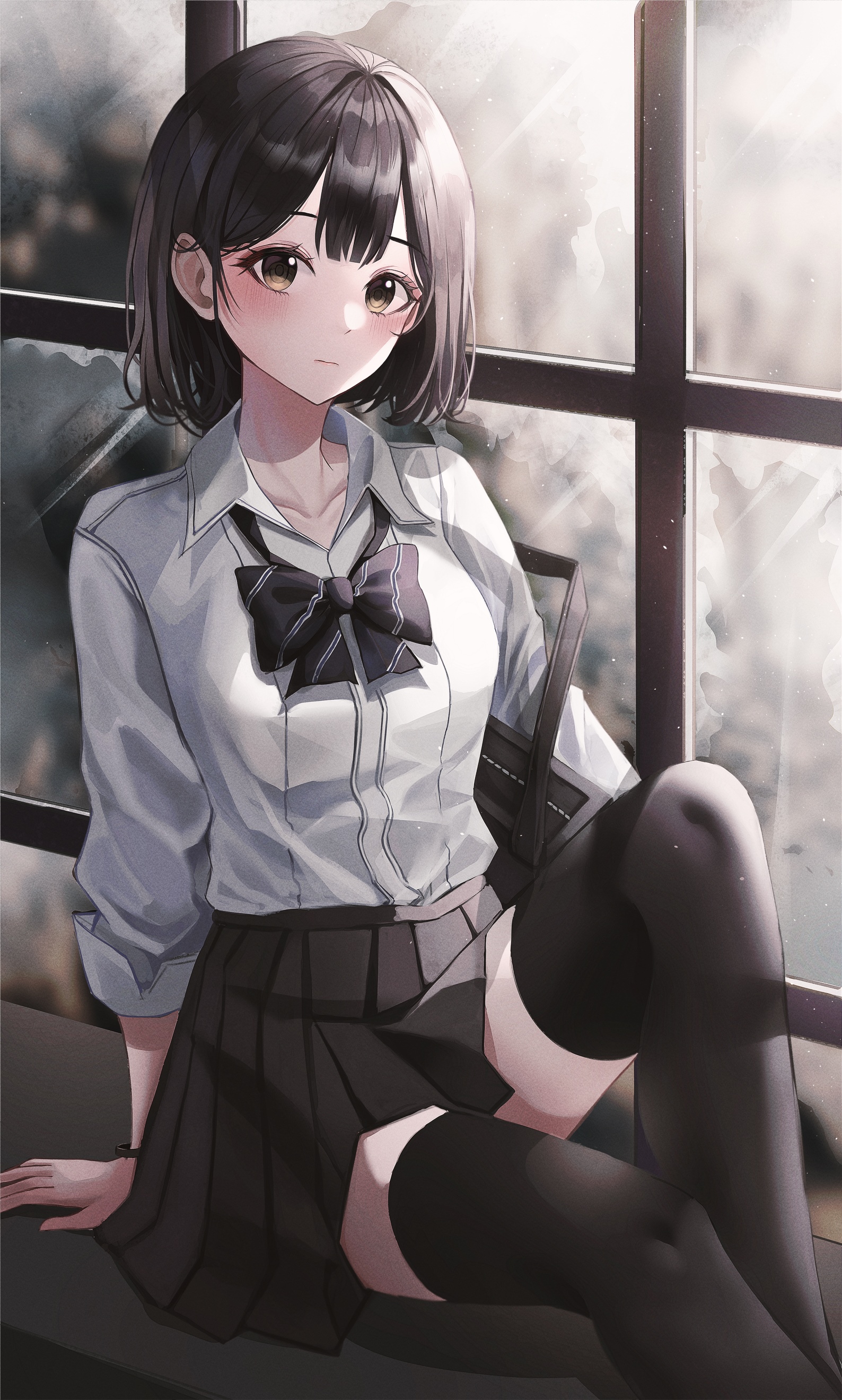 Anime girl in school uniform sitting by window HD Phone Wallpaper