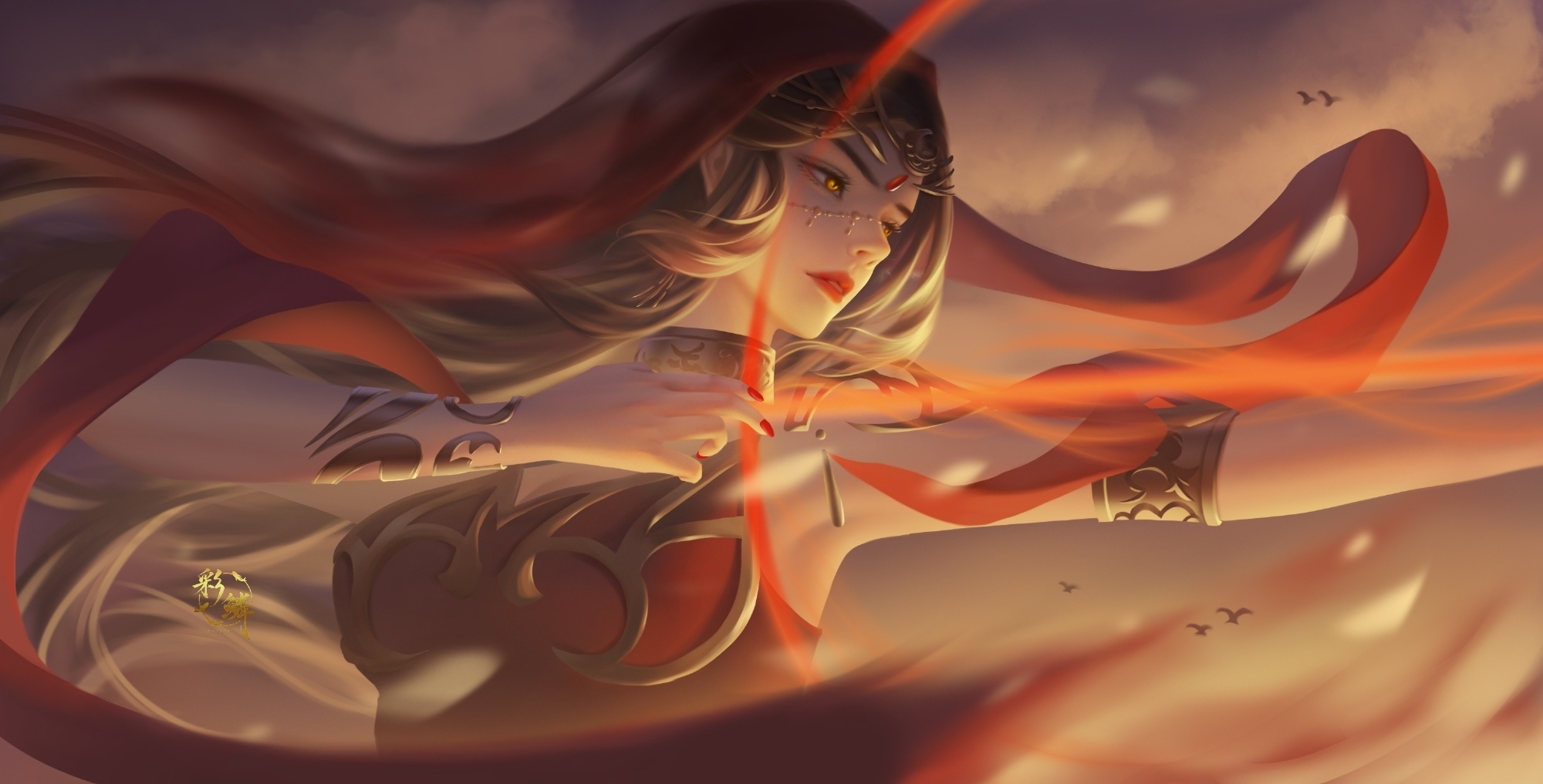 Archer with flowing red scarf and bow HD Wallpaper