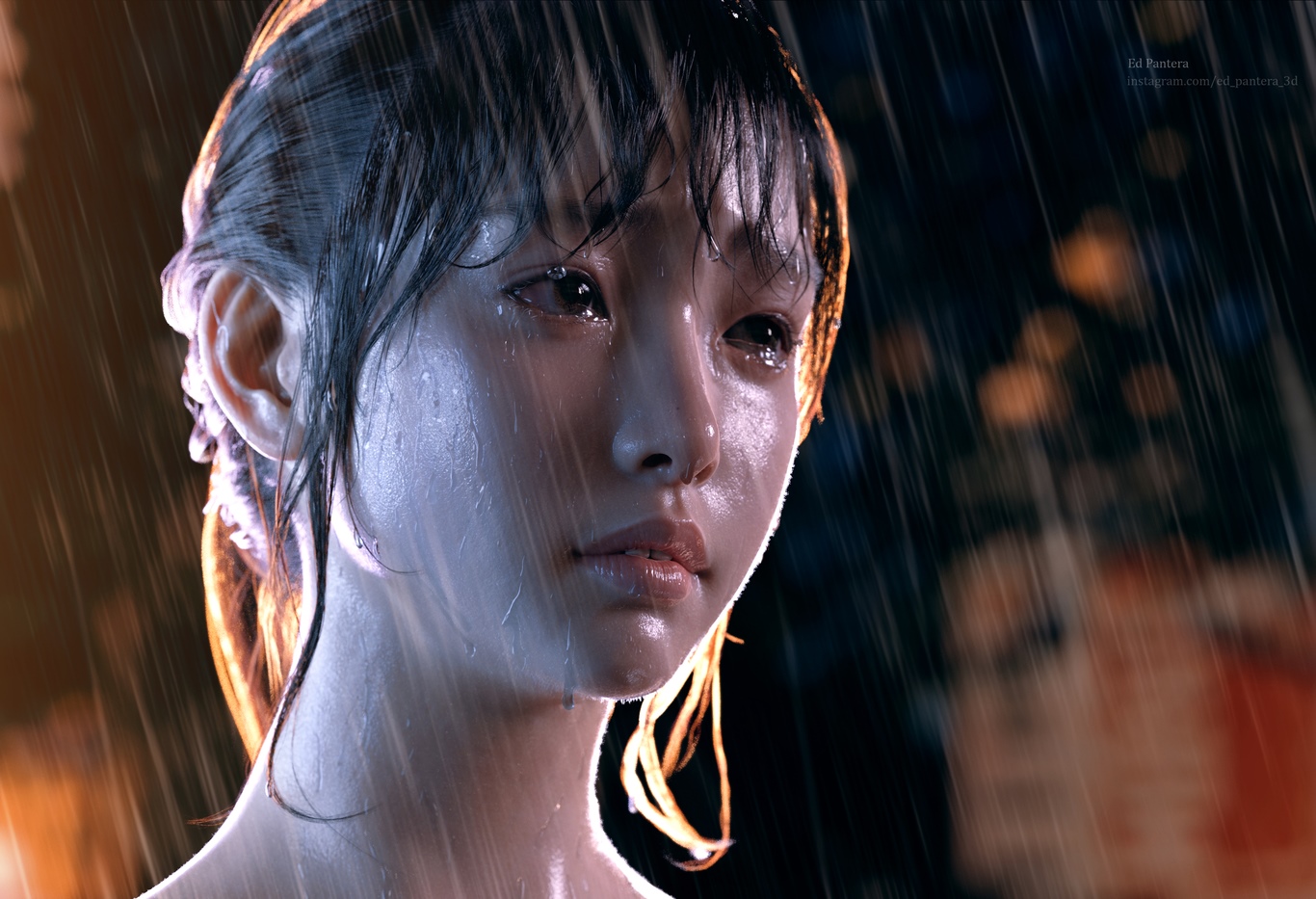 Asian woman with wet hair in the rain HD Wallpaper