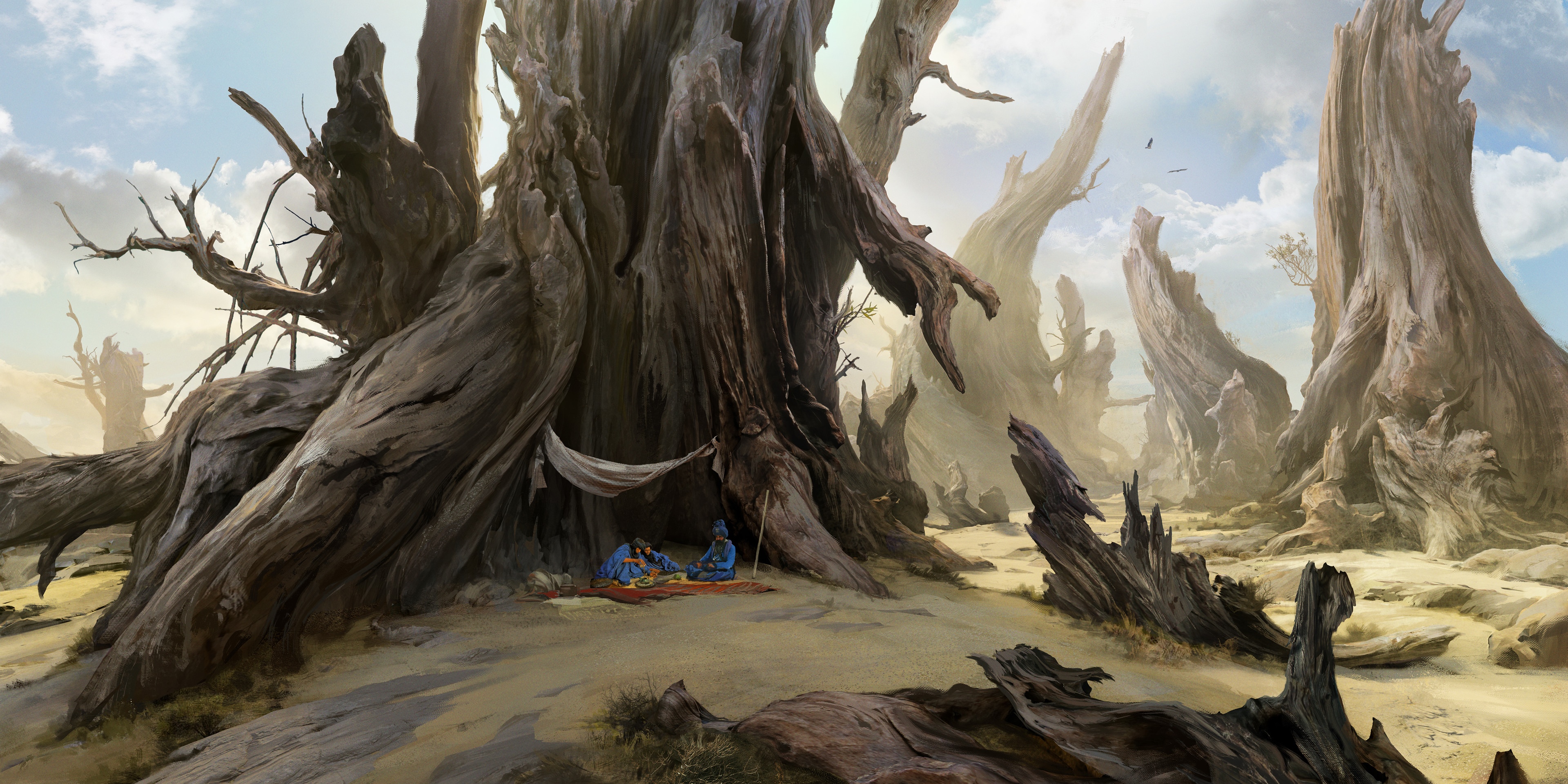 4K fantasy art of dead trees and a picnic HD Wallpaper