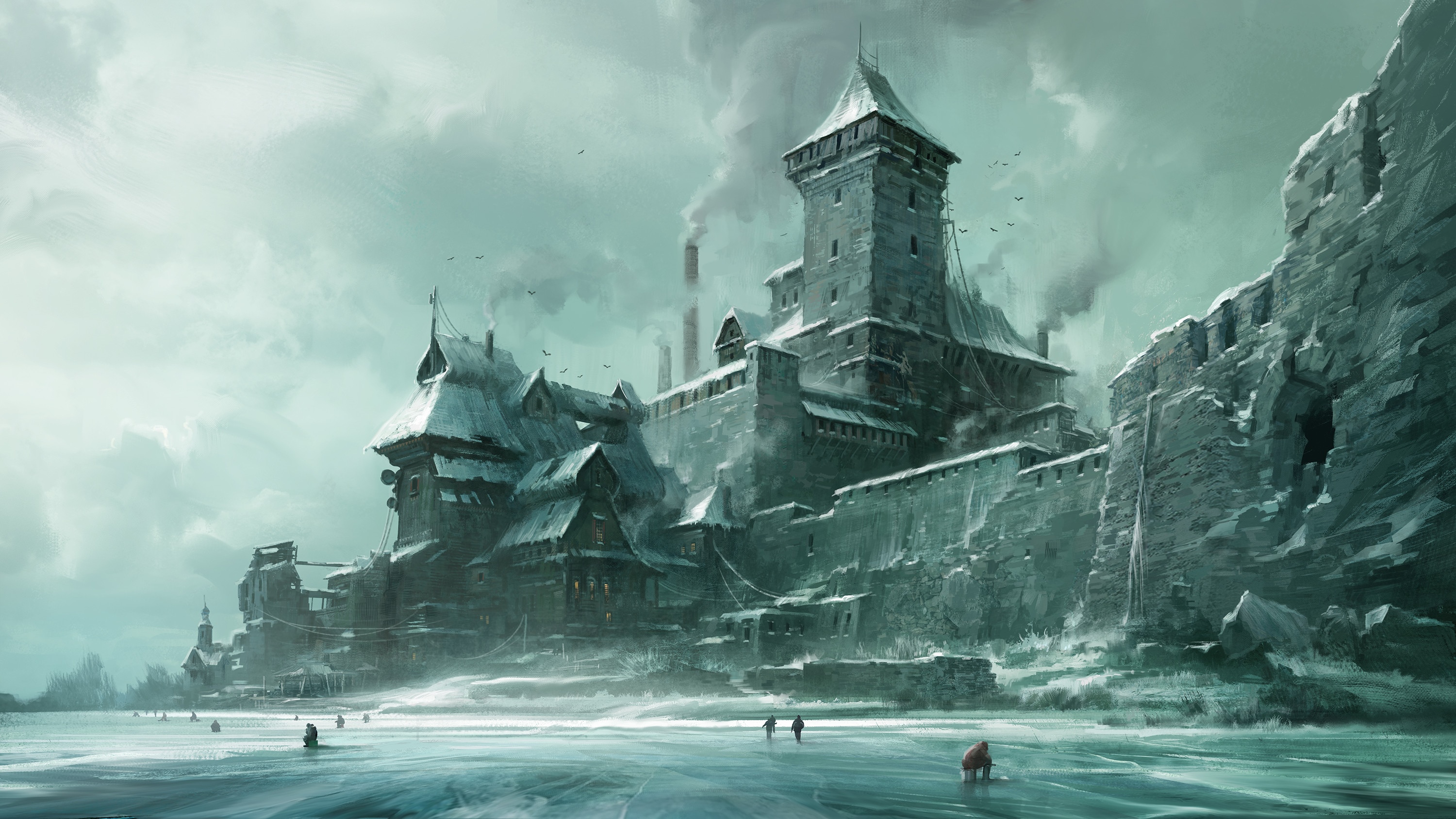 Fantasy art of a frozen fortress with people ice fishing HD Wallpaper