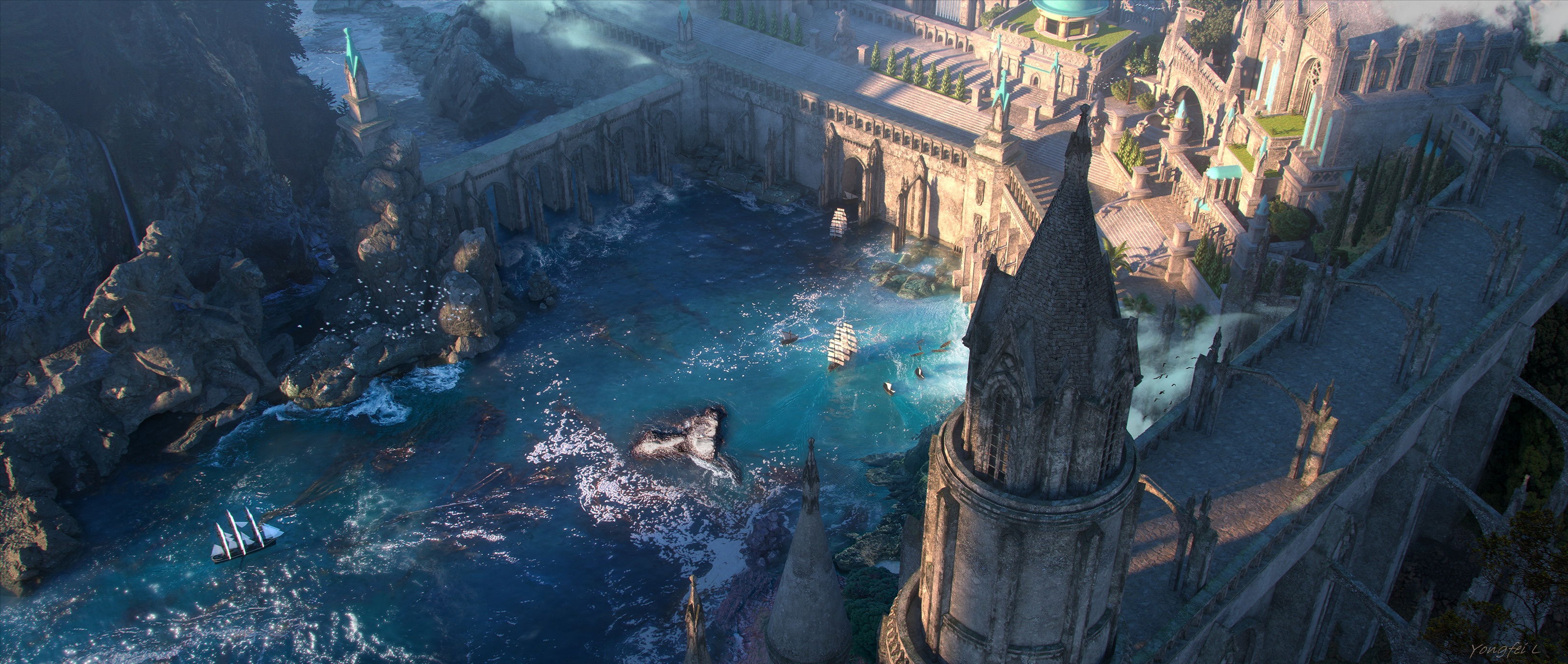 Fantasy city with ships in a harbor HD Wallpaper