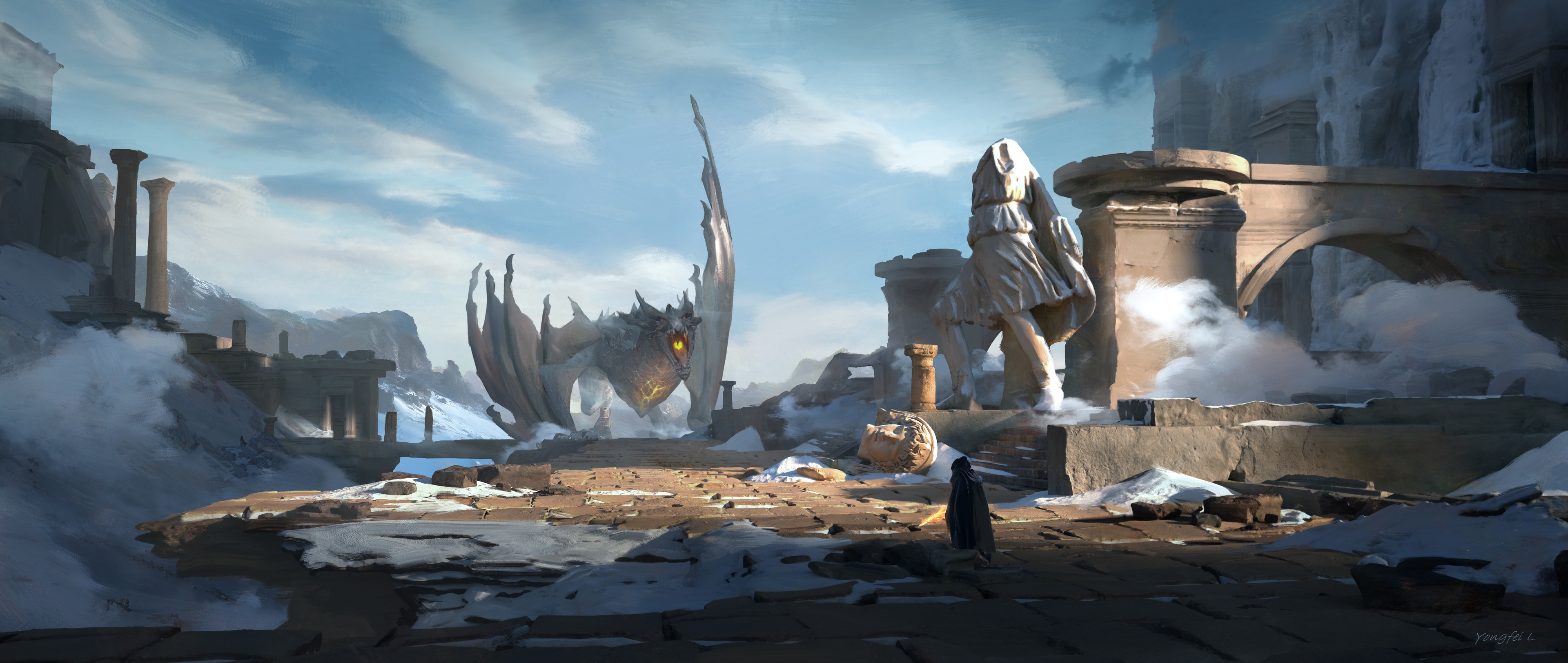 4K Fantasy Art of a Wyvern in Ruins HD Wallpaper