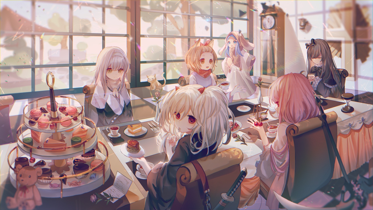 Anime girls having a tea party with sweets and a teddy bear HD Wallpaper
