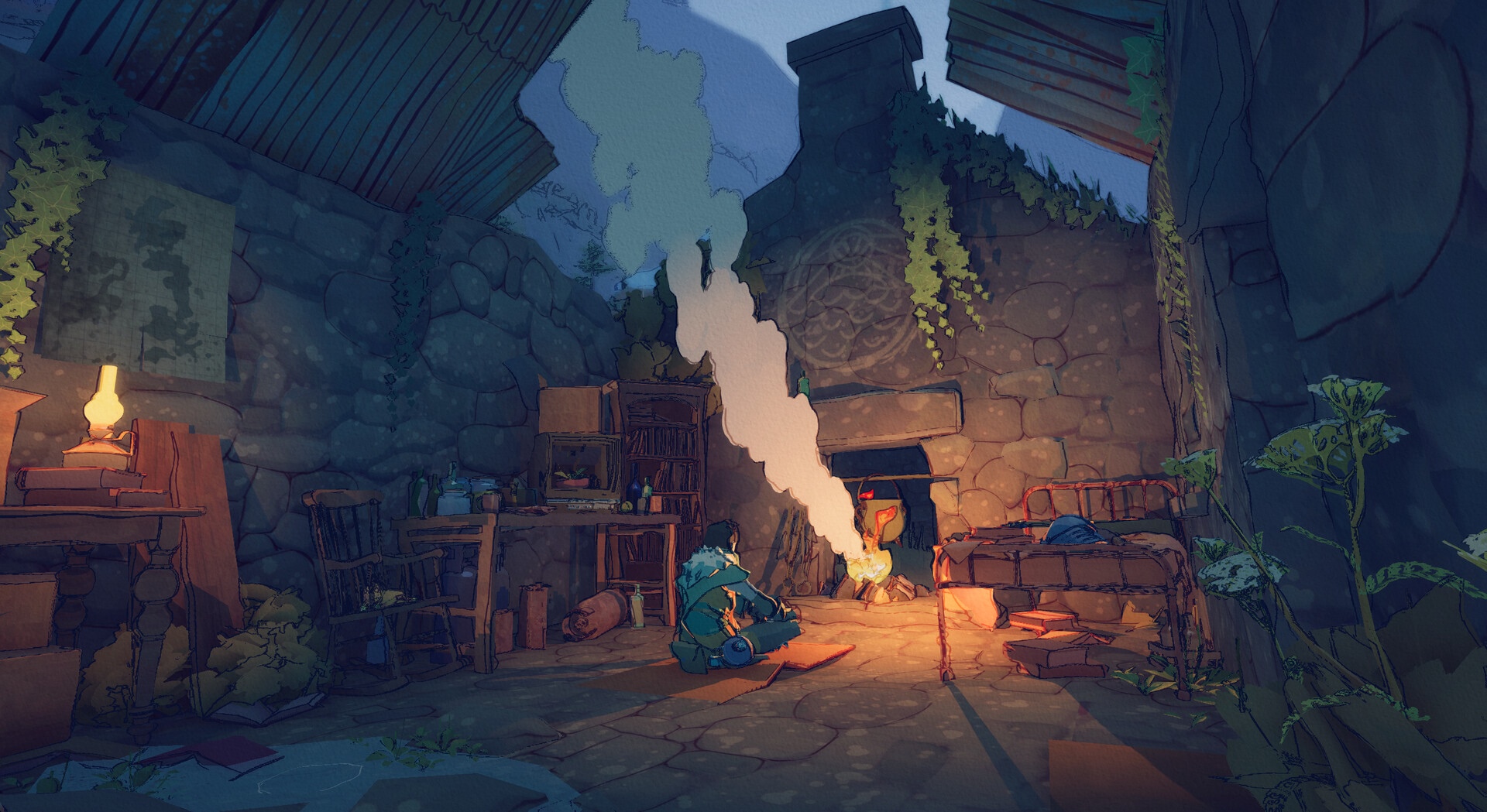 Man sitting by a fireplace in a stone house HD Wallpaper