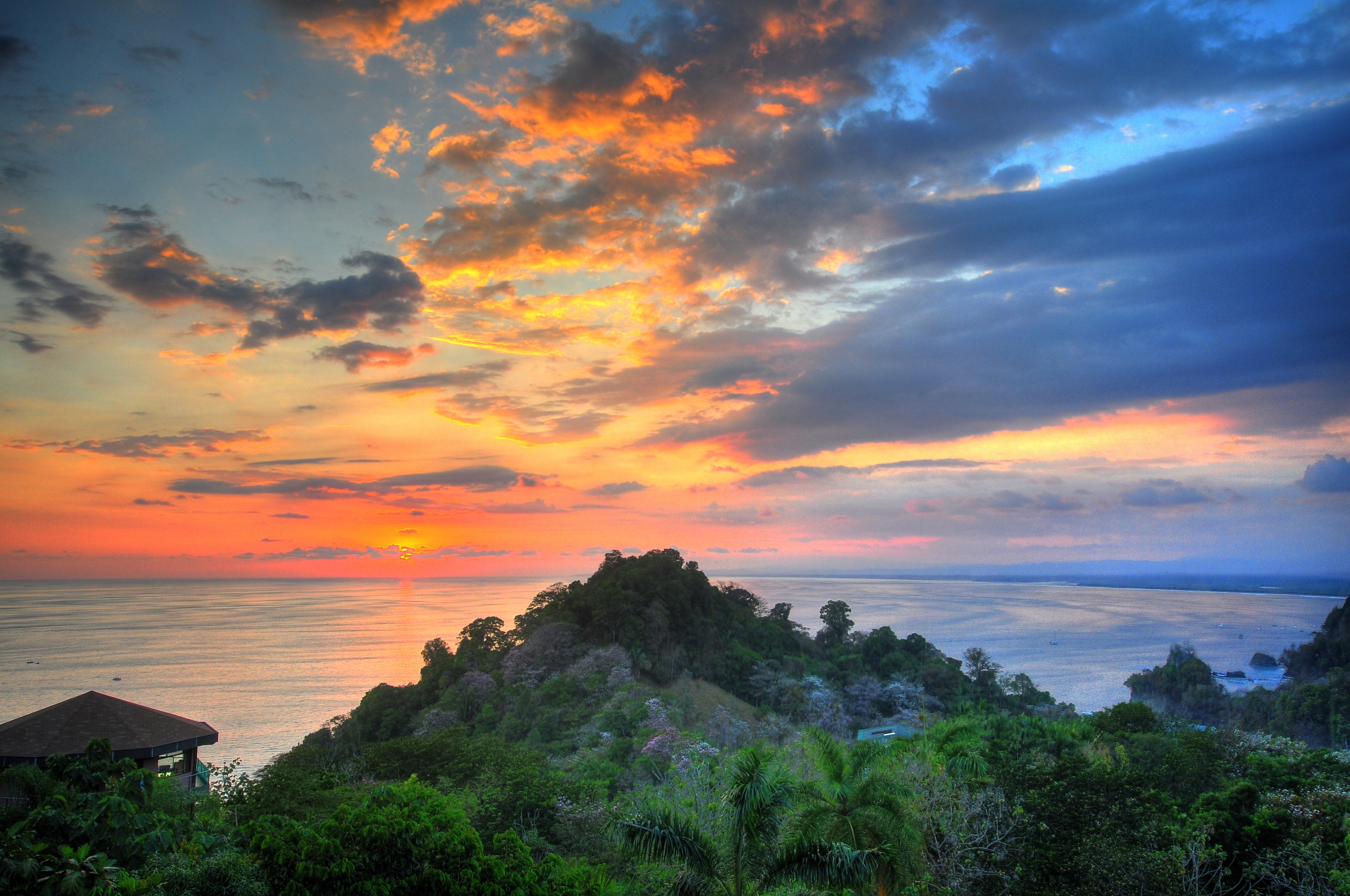 Sunset over the ocean with trees and clouds HD Wallpaper