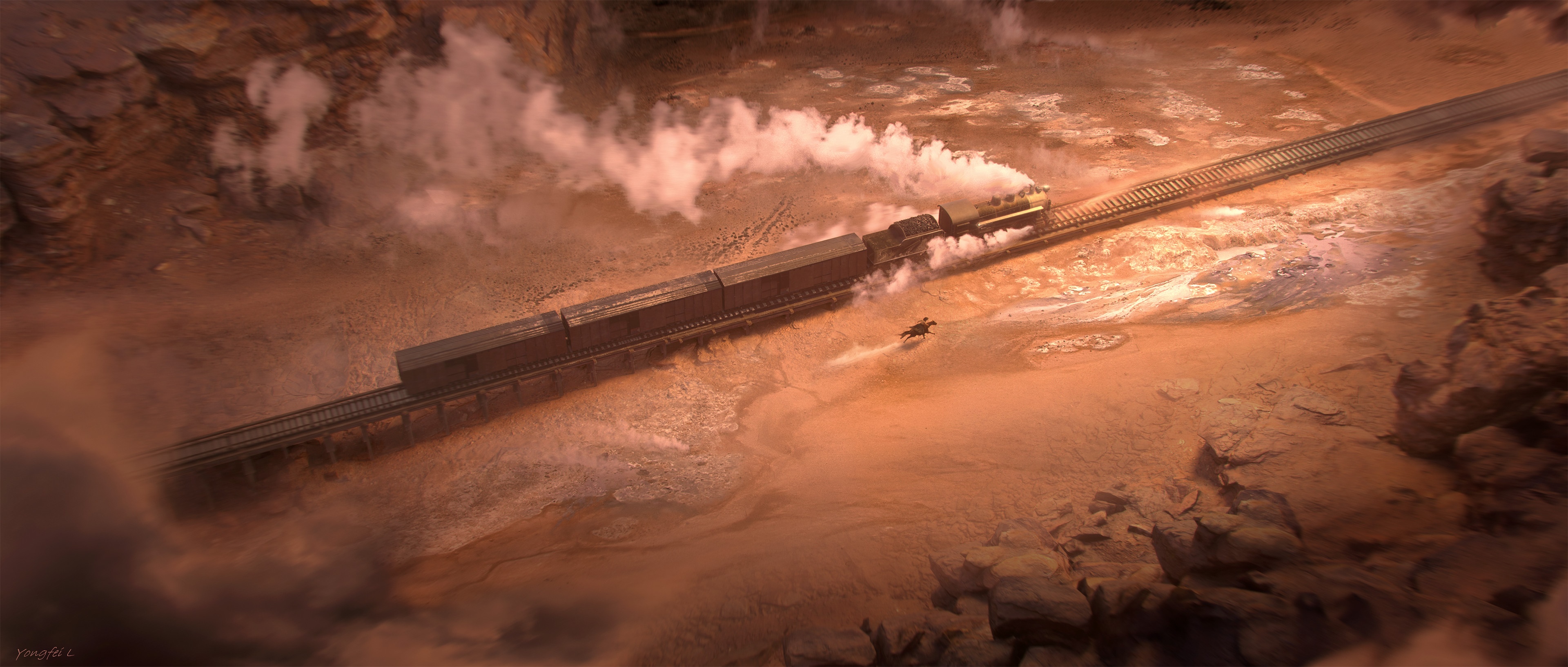 4K Western Train in Desert Landscape by Yongfei Liu HD Wallpaper