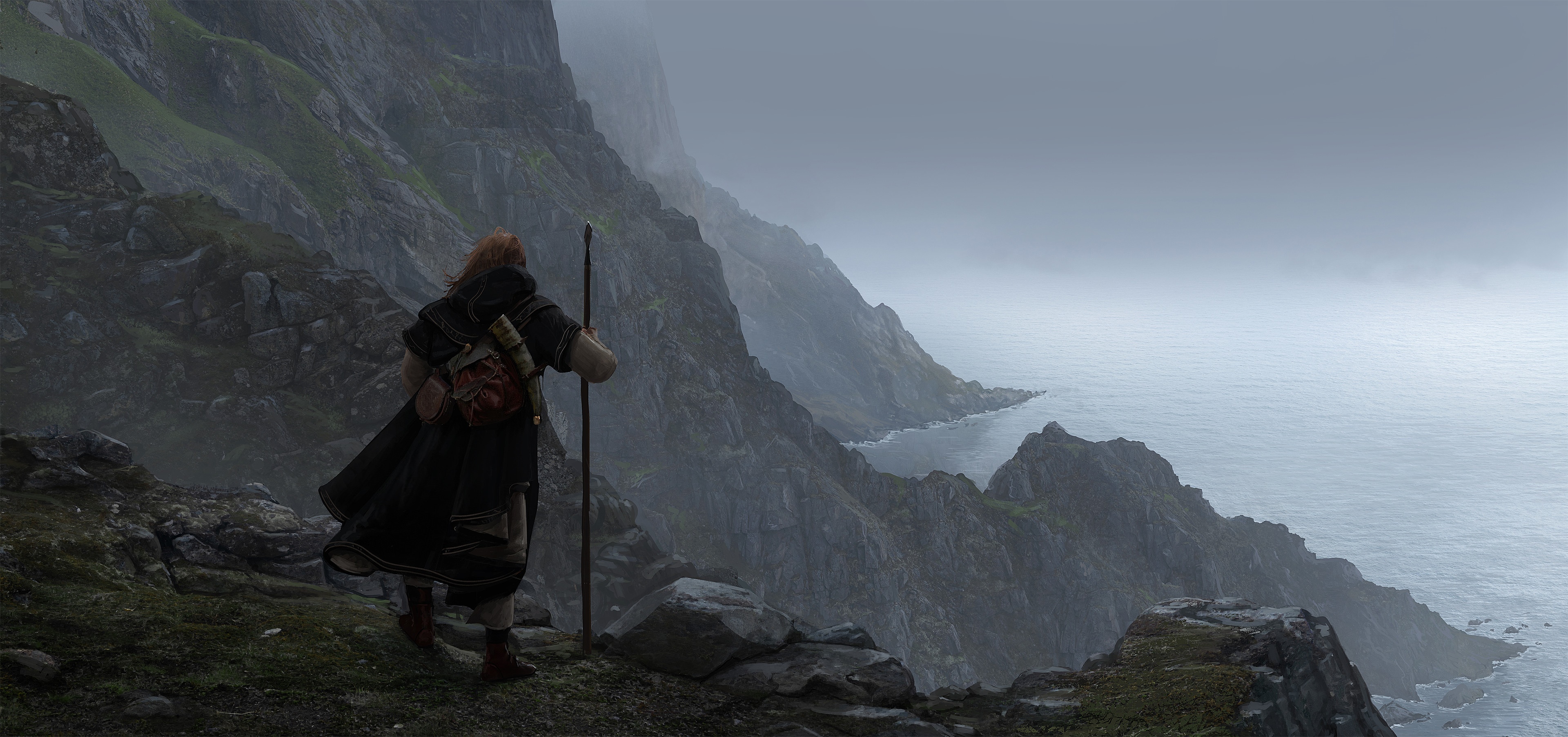 4K: Man with staff on rocky cliff overlooking sea HD Wallpaper