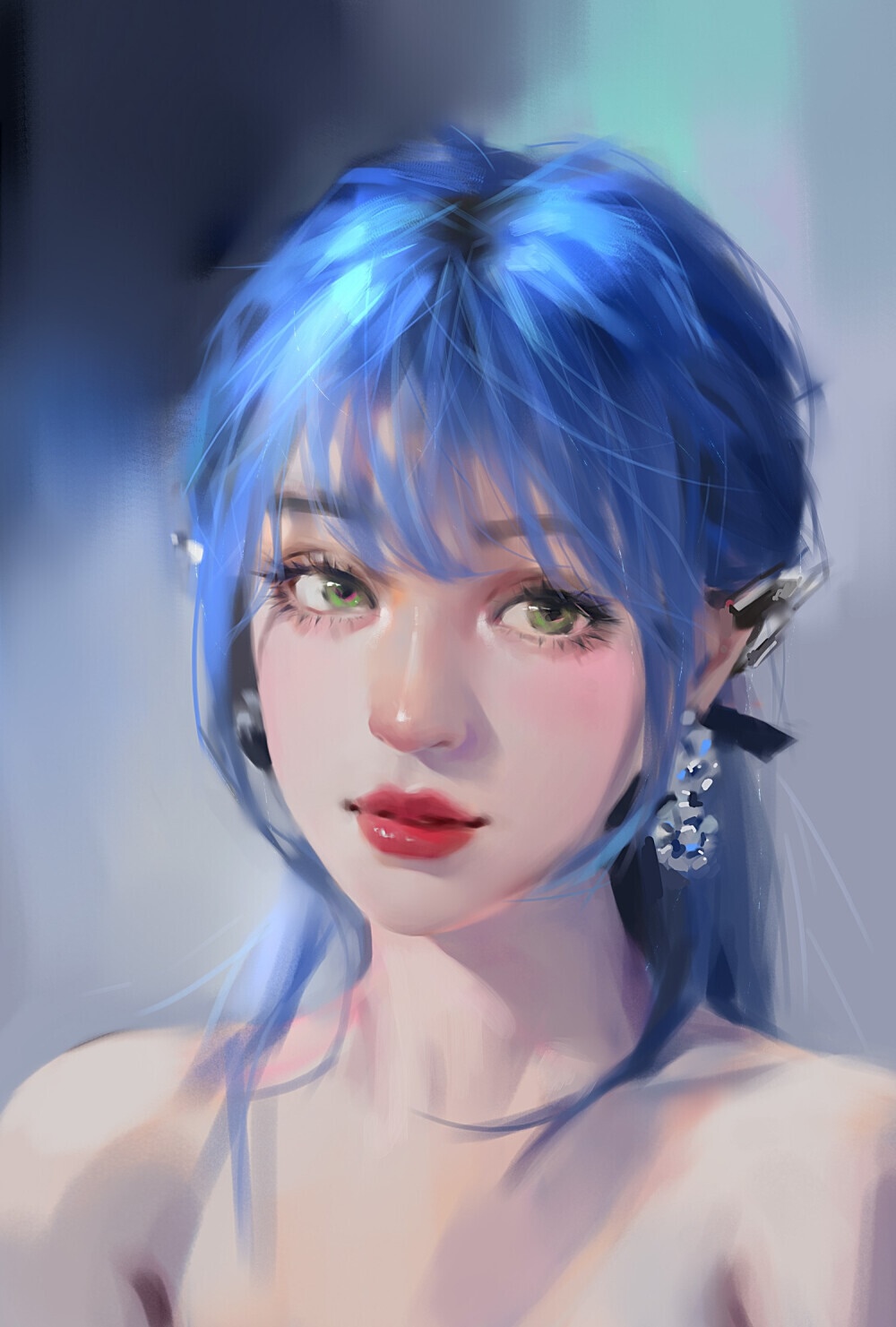 Fantasy girl with blue hair and green eyes HD Phone Wallpaper