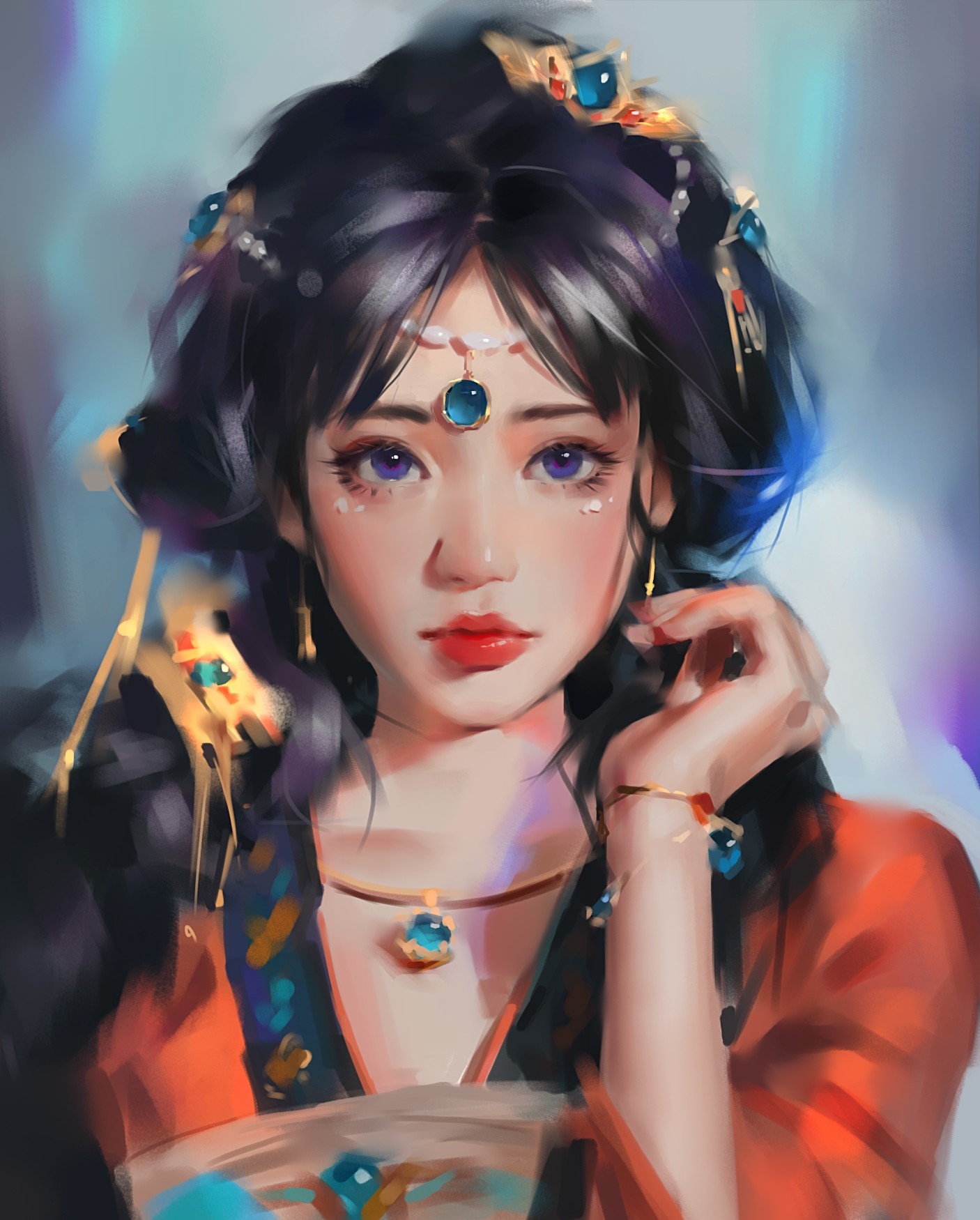 Fantasy girl with dark hair and ornate jewelry HD Phone Wallpaper
