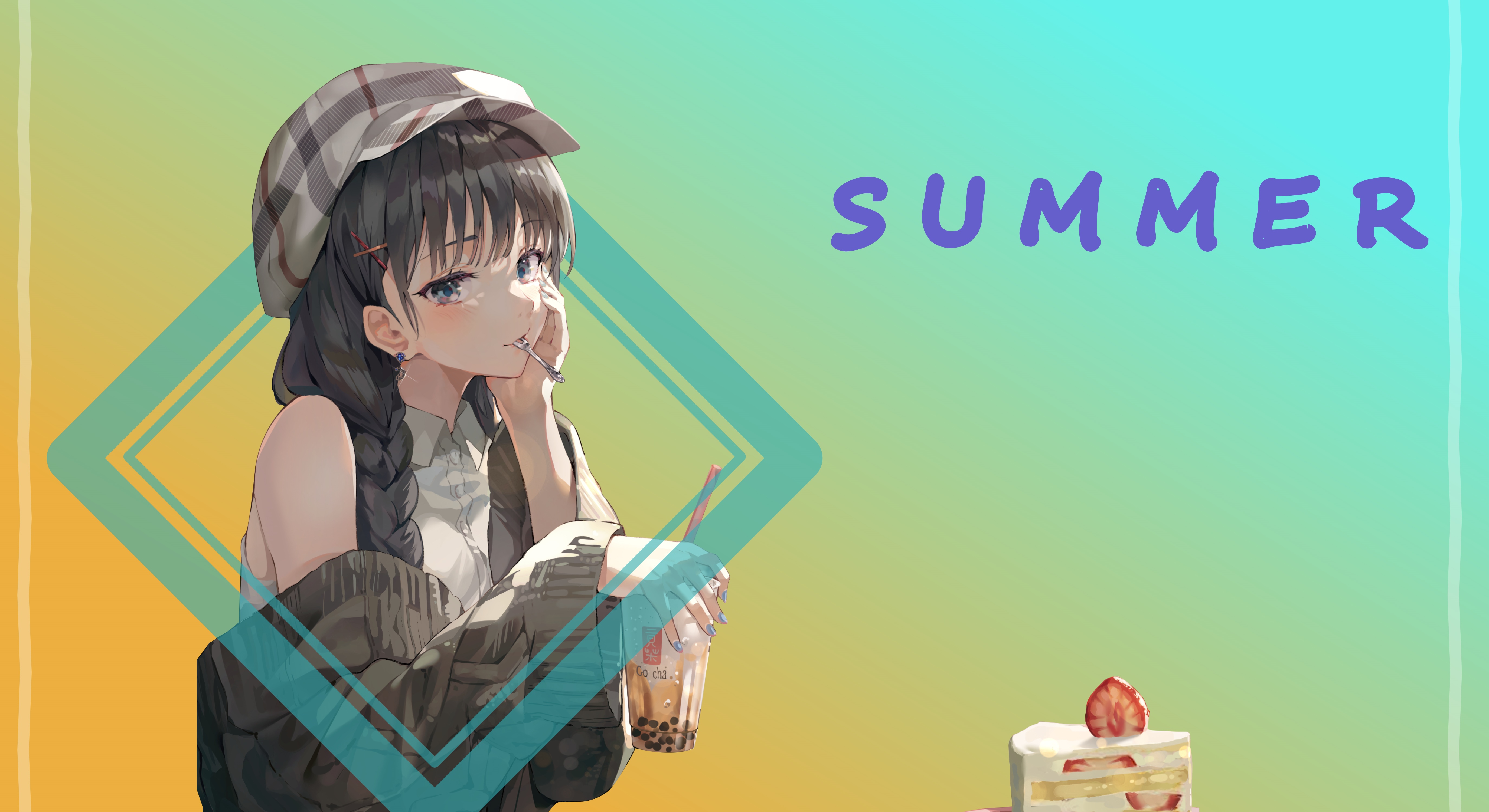 Anime girl with hat and bubble tea HD Wallpaper