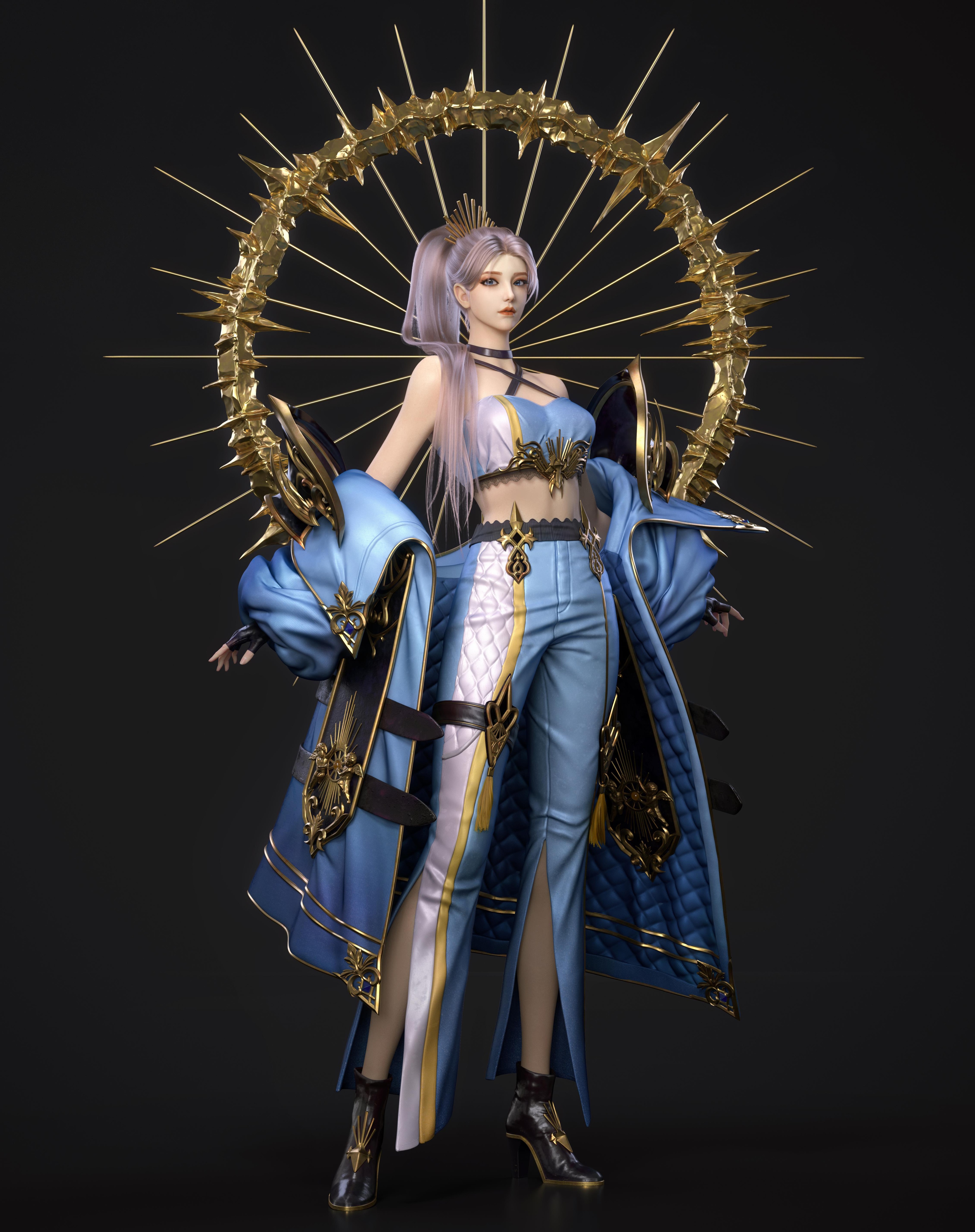 4K Fantasy Girl in Blue Coat and Golden Halo HD Phone Wallpaper