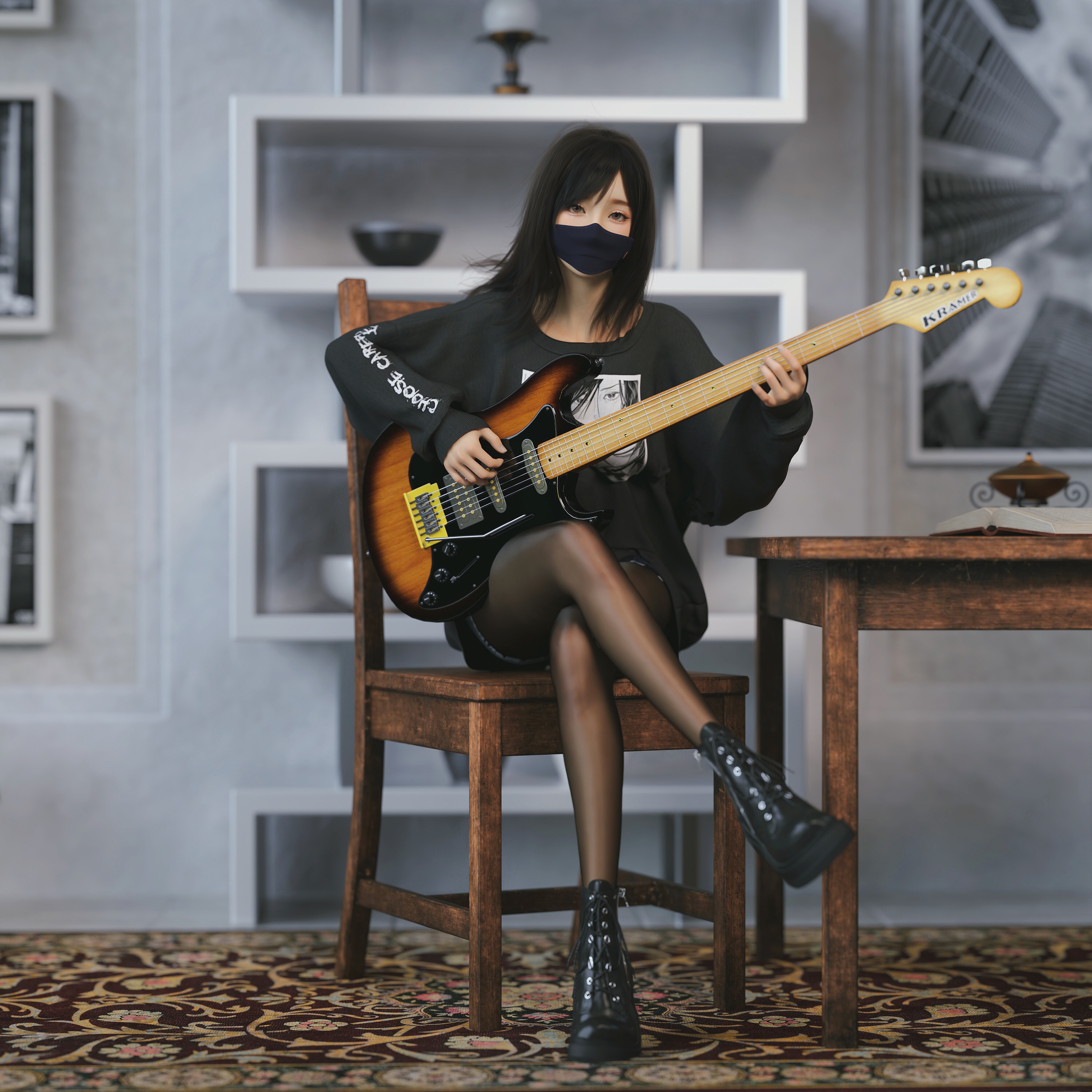 Girl with guitar wearing a mask HD Wallpaper
