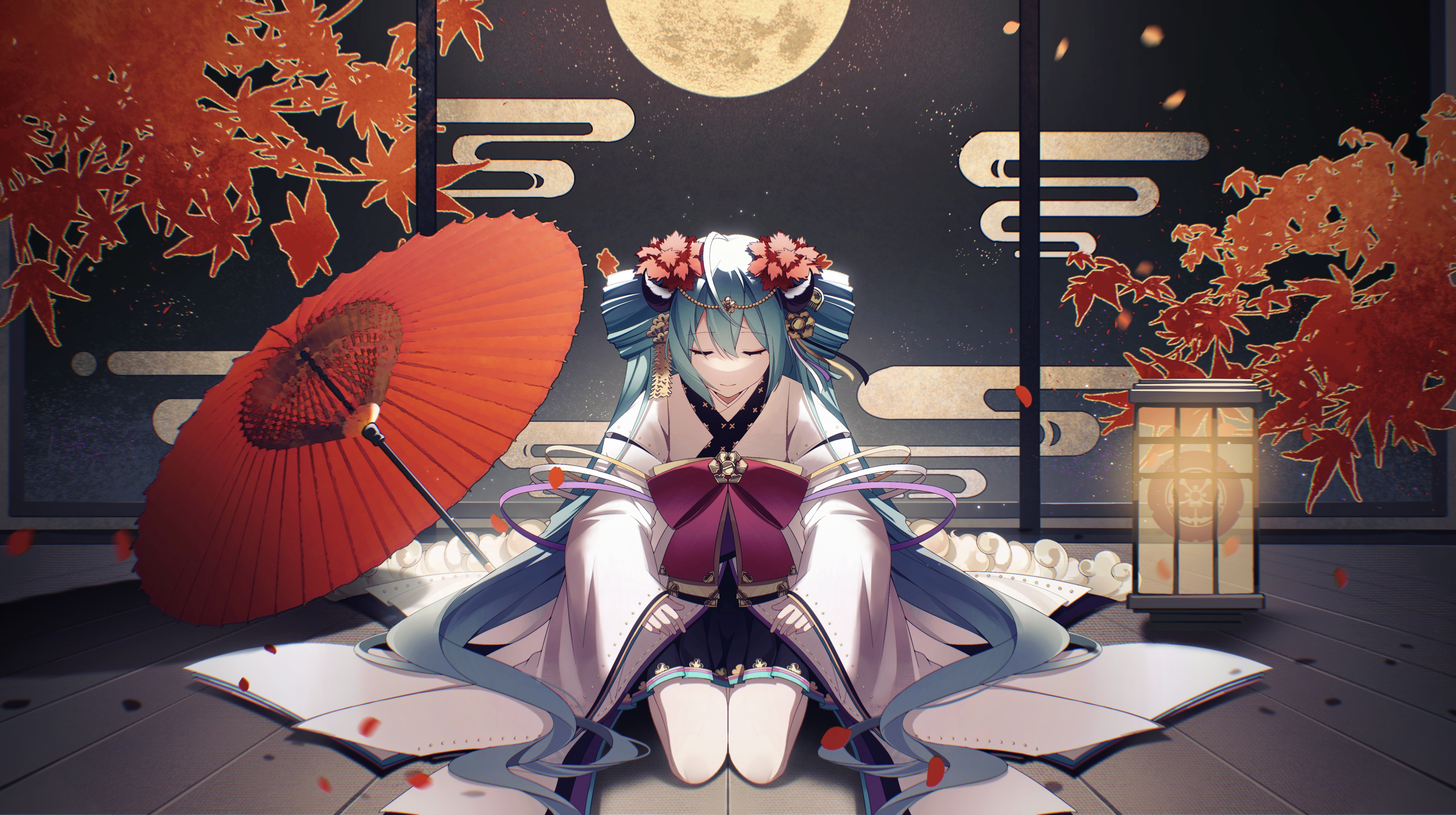Hatsune Miku in traditional Japanese attire with umbrella and moon HD Wallpaper
