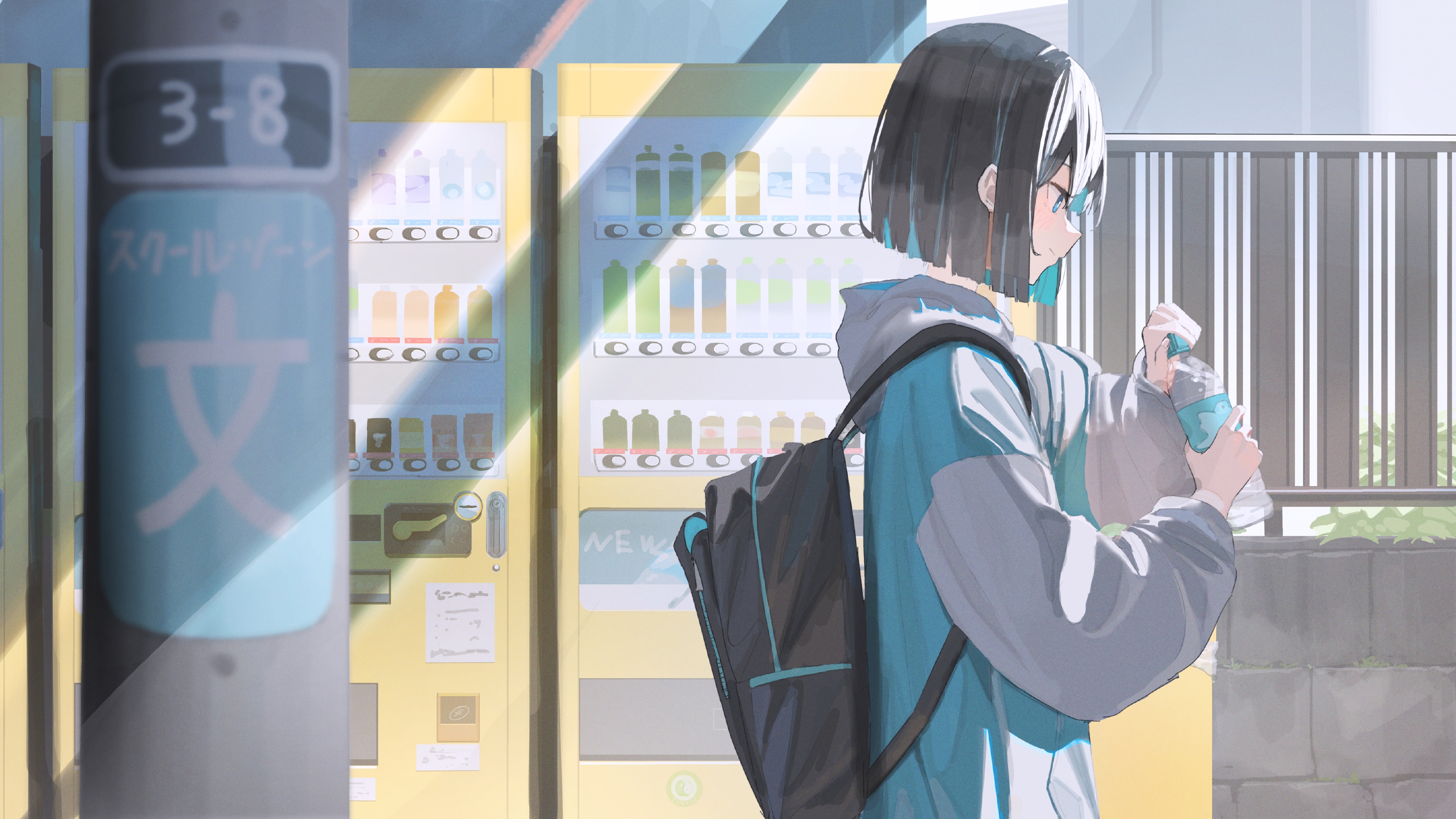Girl with backpack by vending machines HD Wallpaper
