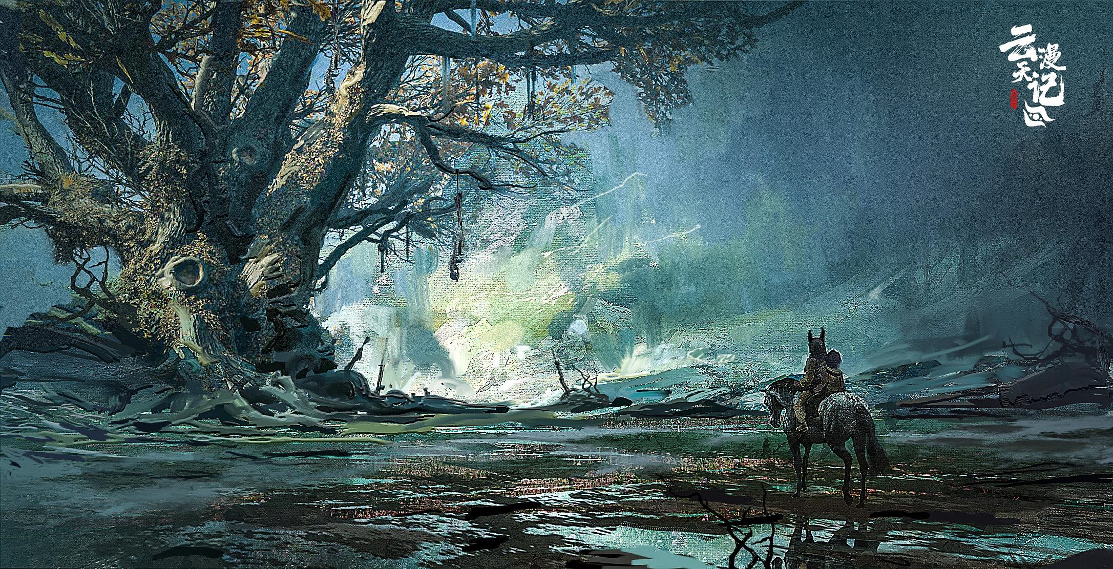 Fantasy art of a horse and rider in a forest HD Wallpaper